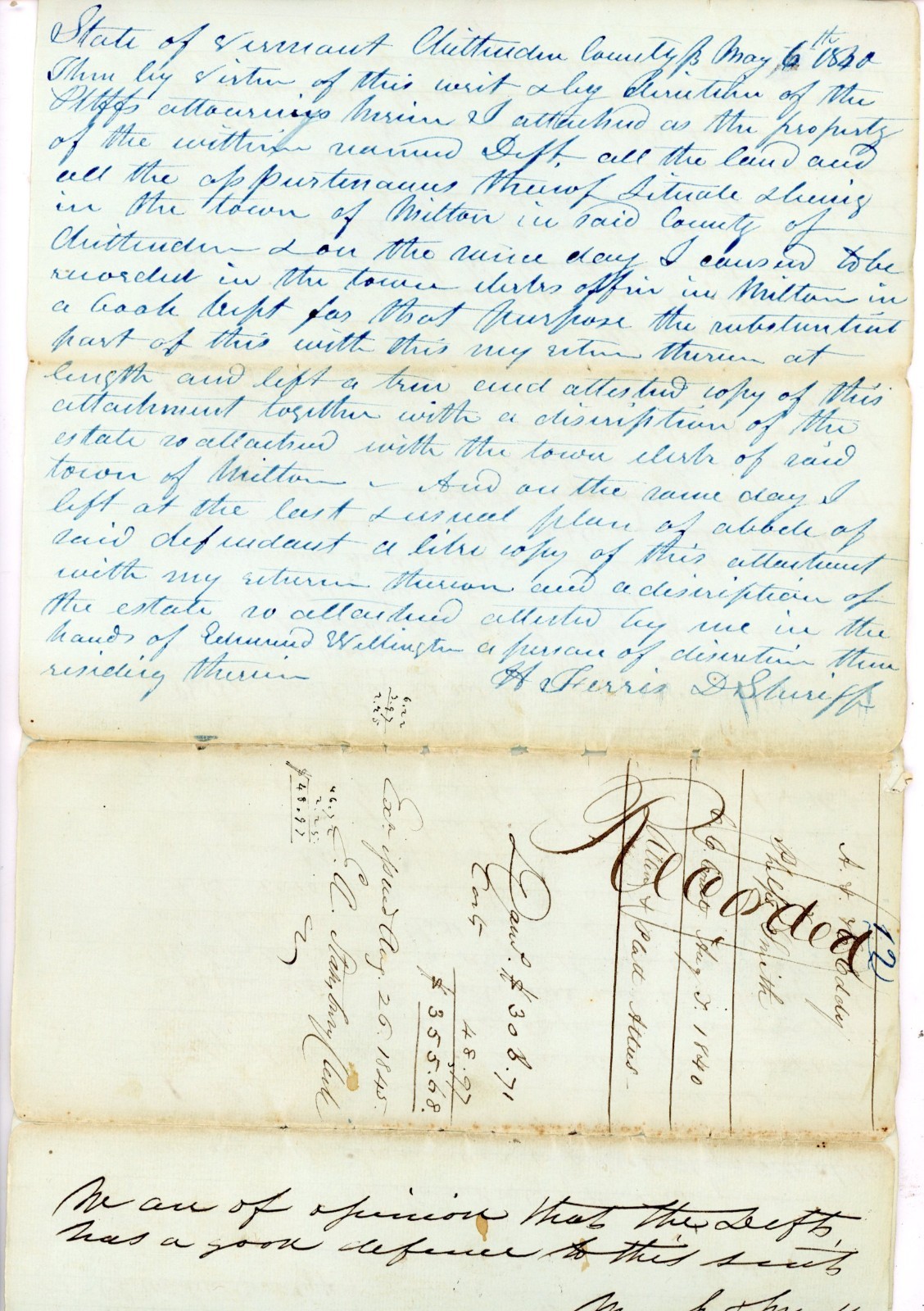 1840 Antique Milton VT Legal Document Writ Lumber Dispute Milton Troy NY Signed