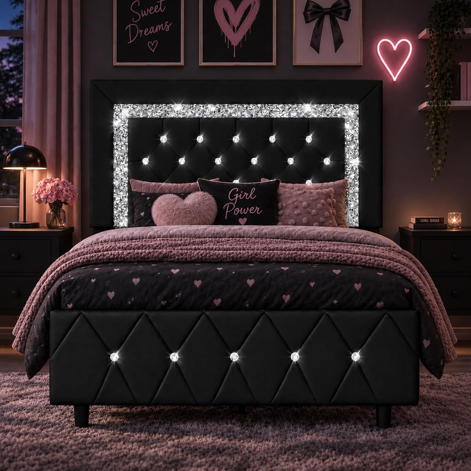 Twin Bed Frame with Headboard, Upholstered Bed with Diamond Tufted Design