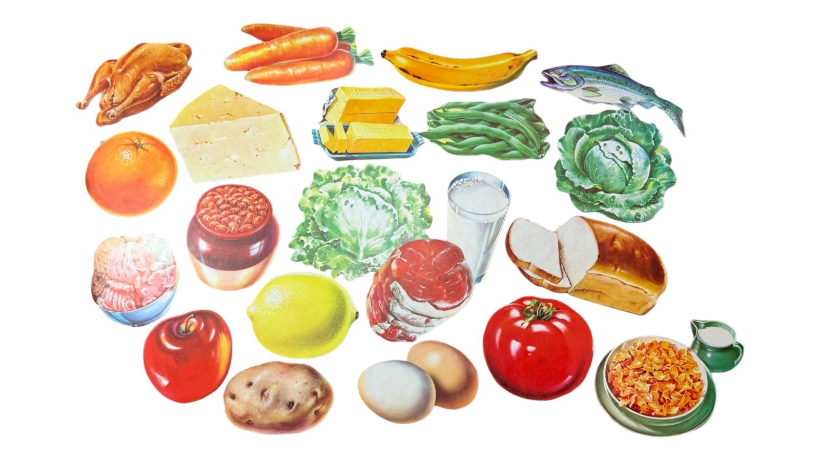 Vintage 21pc Food Cardboard Cutouts Lot Produce Meat Dairy Kitchen Retro Art MCM