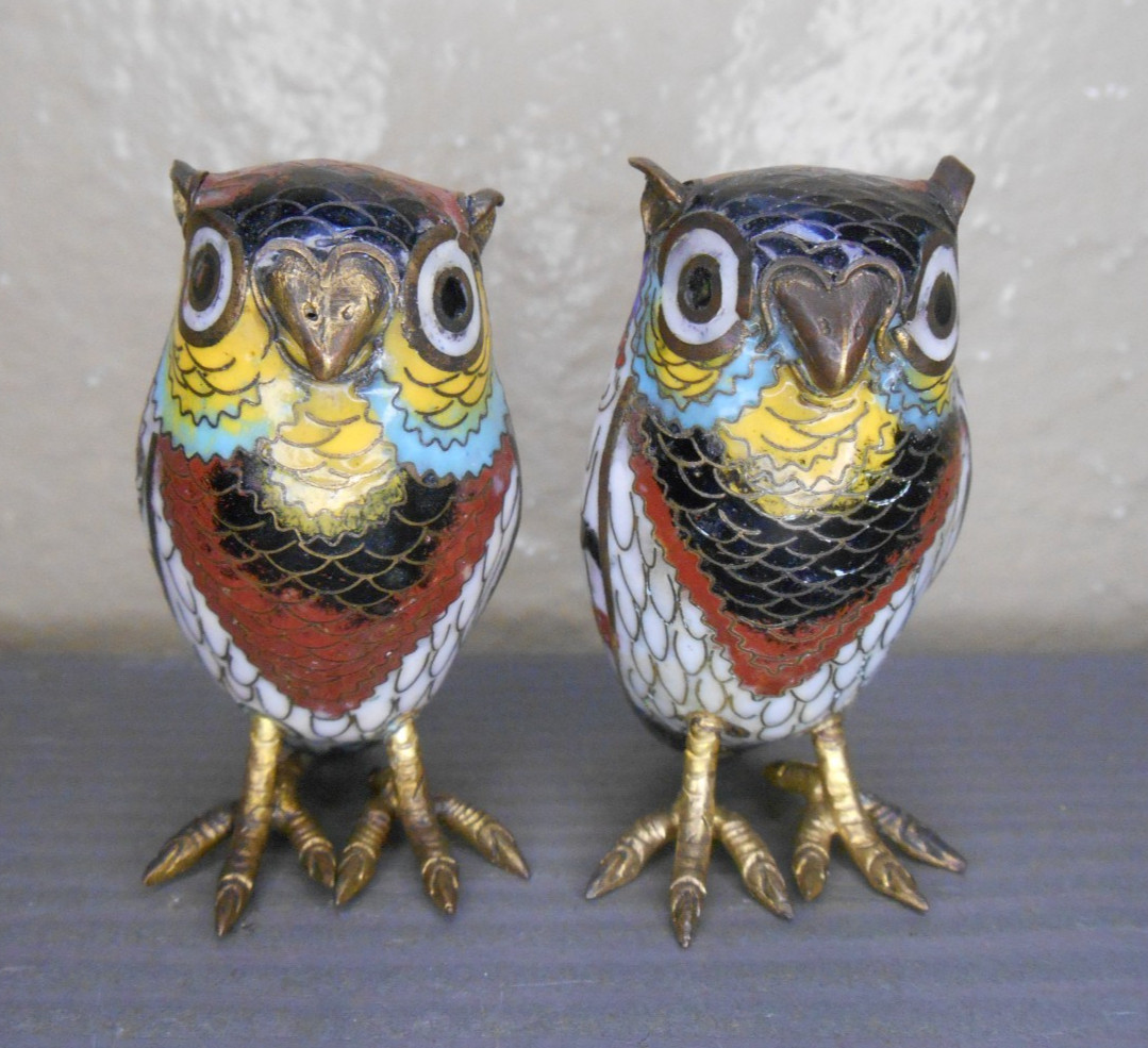 Cloisonné Owl Figurines Decorative Statue Lot Of Two