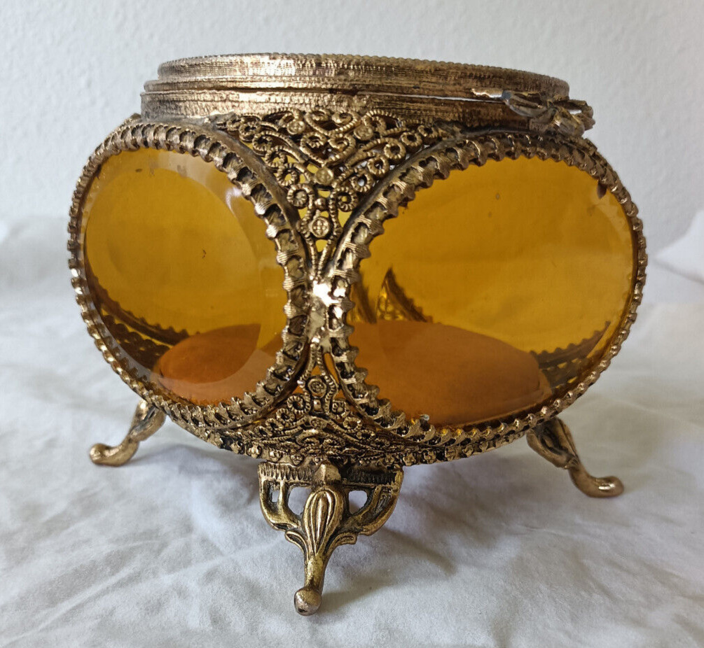 Antique Ormolu Filigree 24k Gold-plated Jewelry beveled Glass, Casket Box