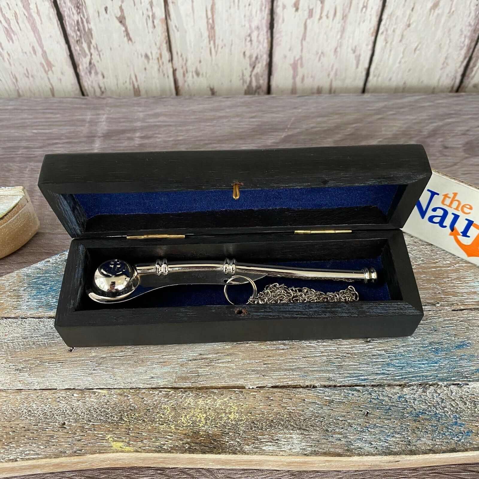 Brass Bosun Call Pipe w Chain & Wood Box - Silver Boatswain Whistle Necklace