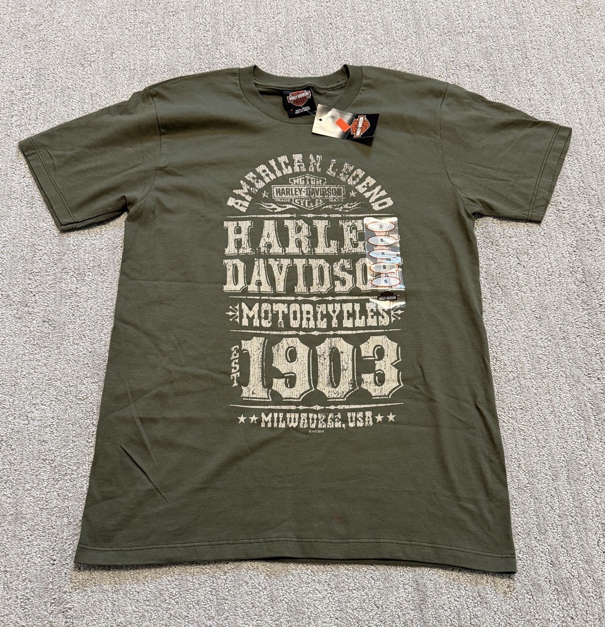 Harley Davidson Boise Military Green Short Sleeve Tee Shirt Men’s Small - NEW
