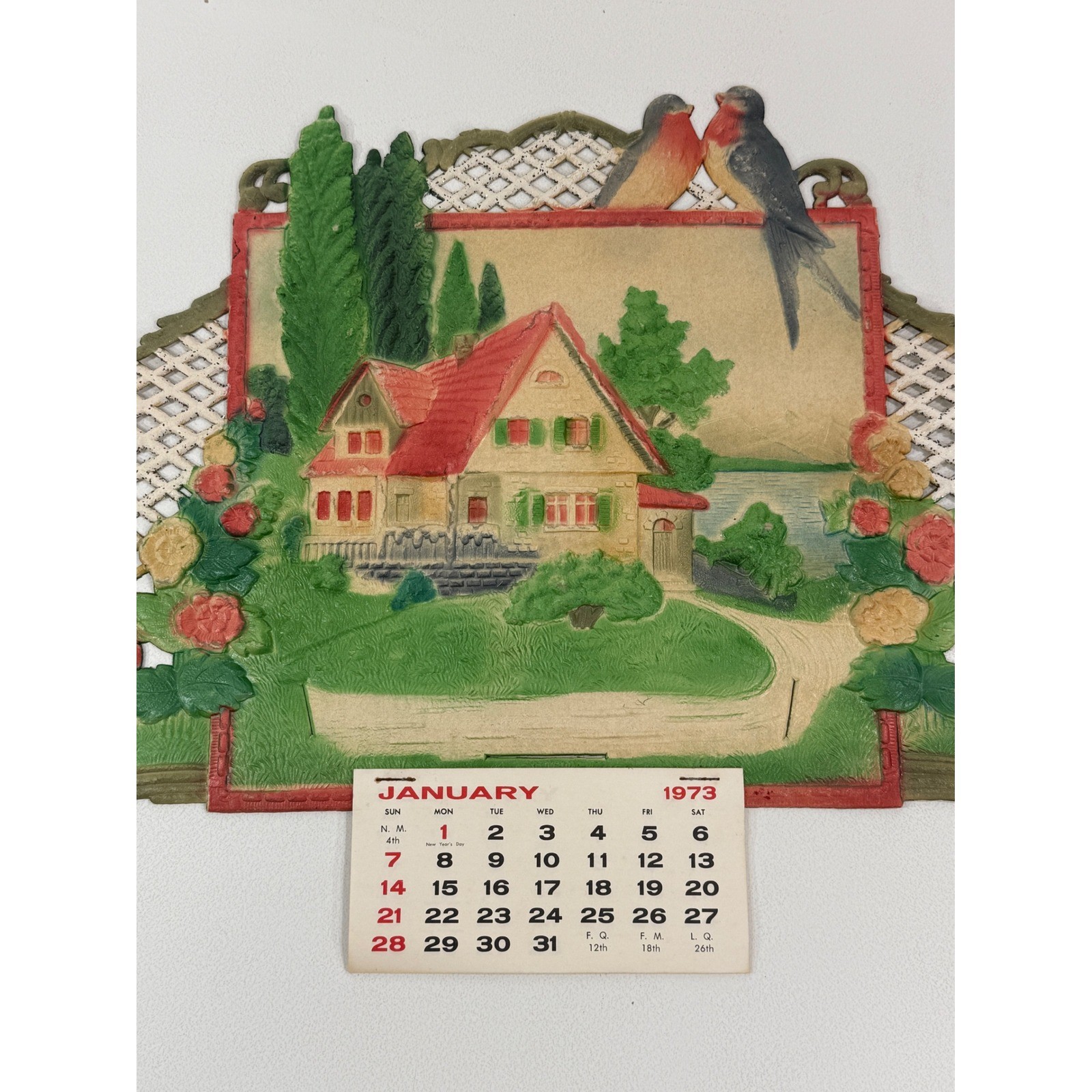1973 Vintage Embossed Die Cut Wall Calendar Cottage Birds Flowers Complete