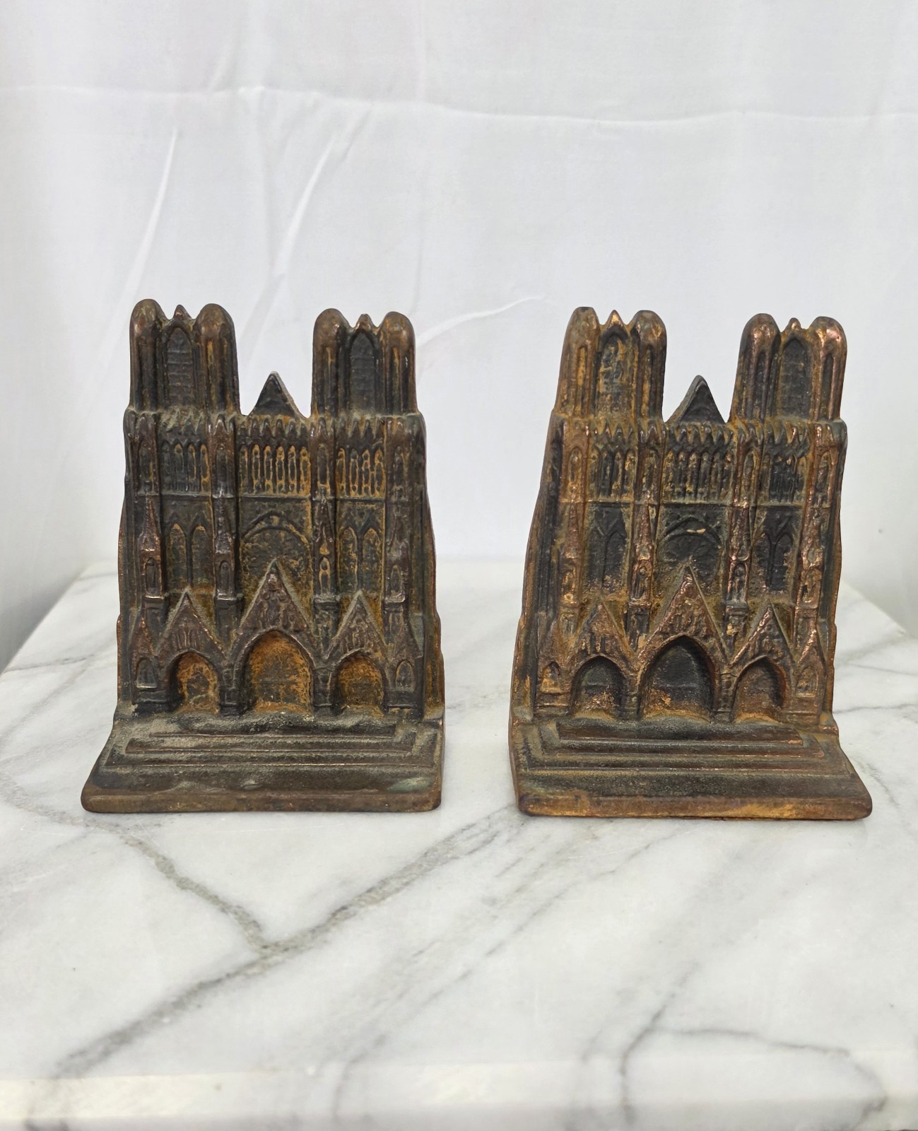 Antique Cast Iron Notre Dame Gothic Cathedral Bookends Pair