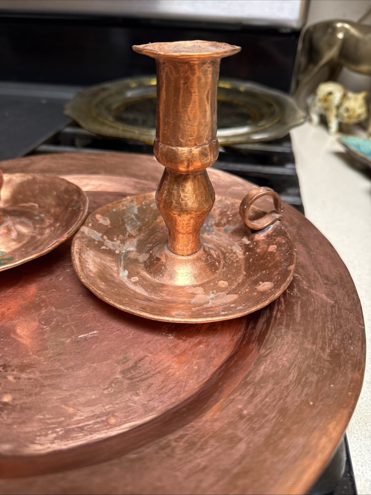 Vintage Hammered, Copper, Solid ,Plate And Candlesticks Holders , Heavy
