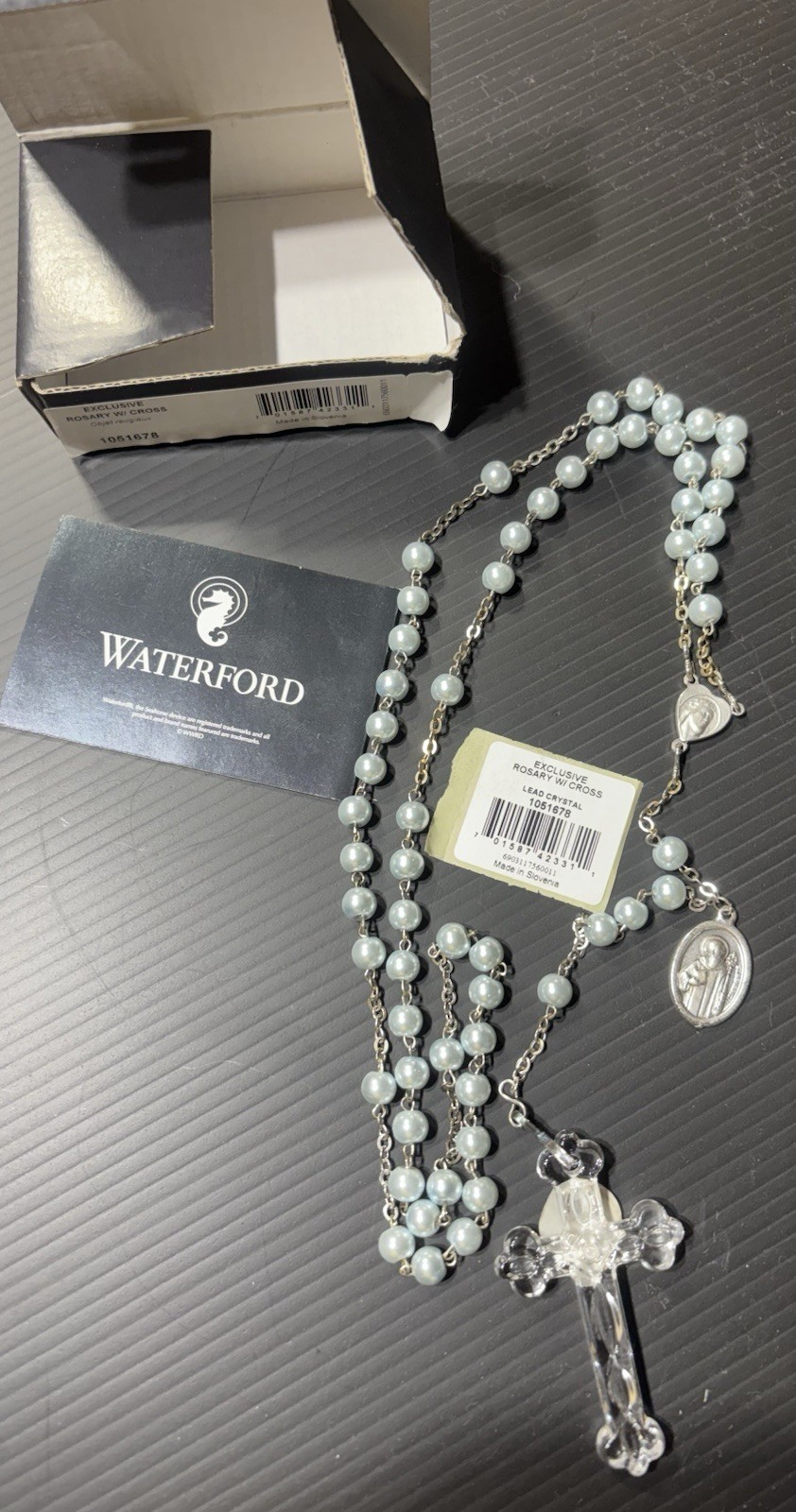 Rare Waterford Crystal Pearl Bead Rosary W/ Celtic Crucifix. Made In Slovenia