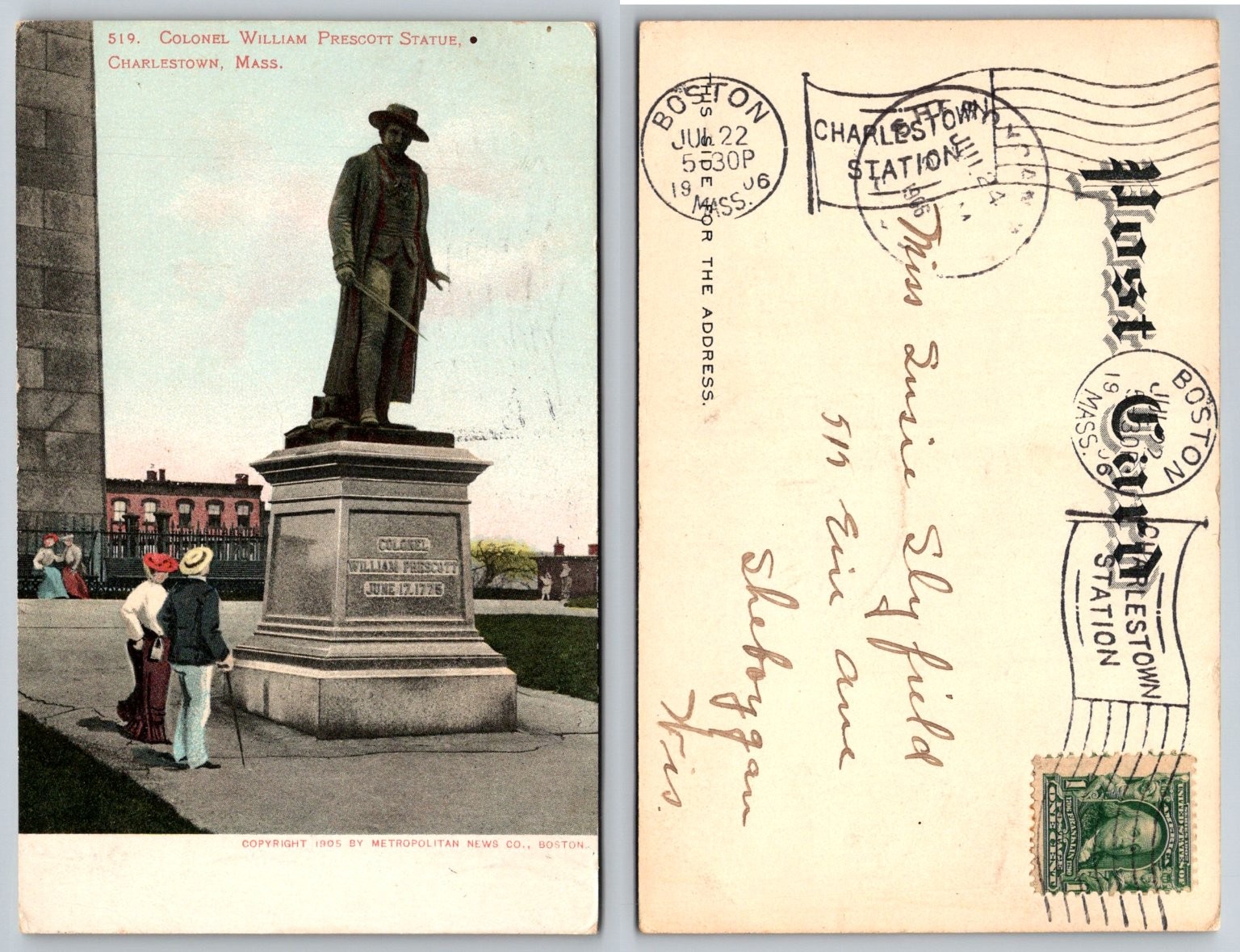 1906 Charlestown MA Colonel William Prescott Statue Postcard Posted 1906 Charlestown MA Colonel William Prescott Statue Postcard Posted