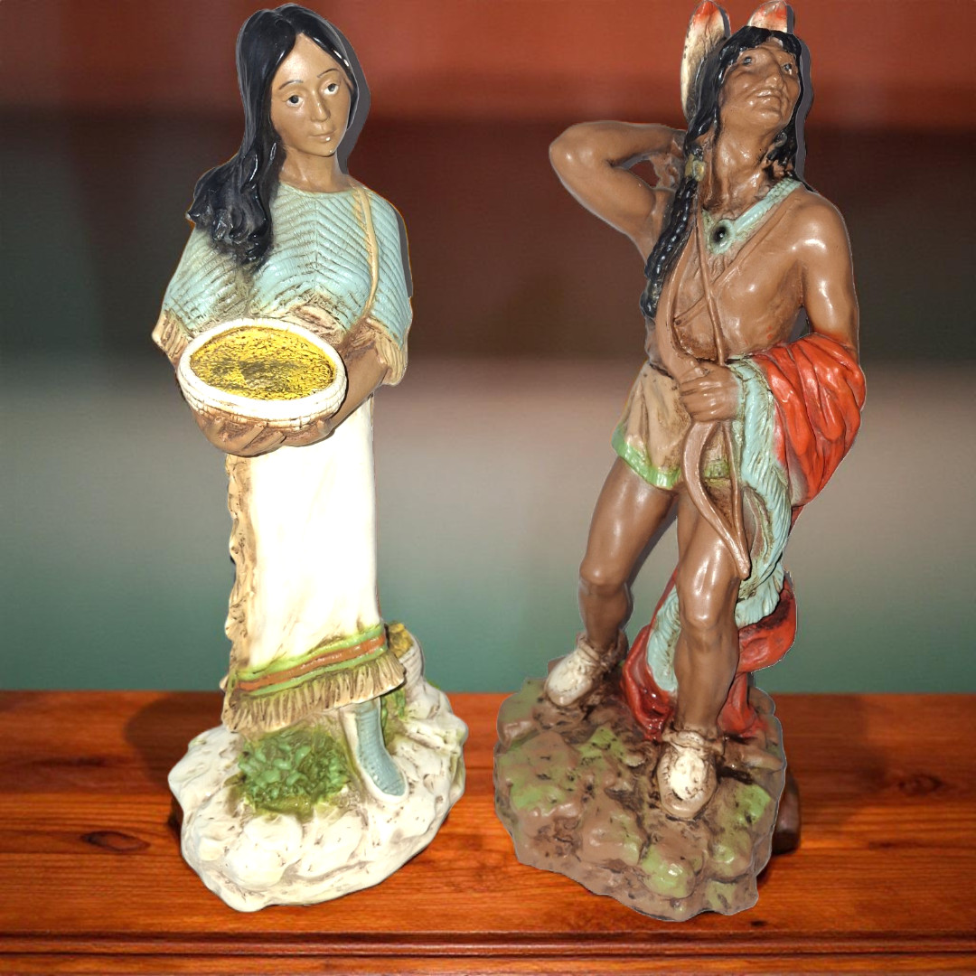 Vintage 1976 & 1980 Native American 2 Statue  Set Indian Man Woman Baby Figure