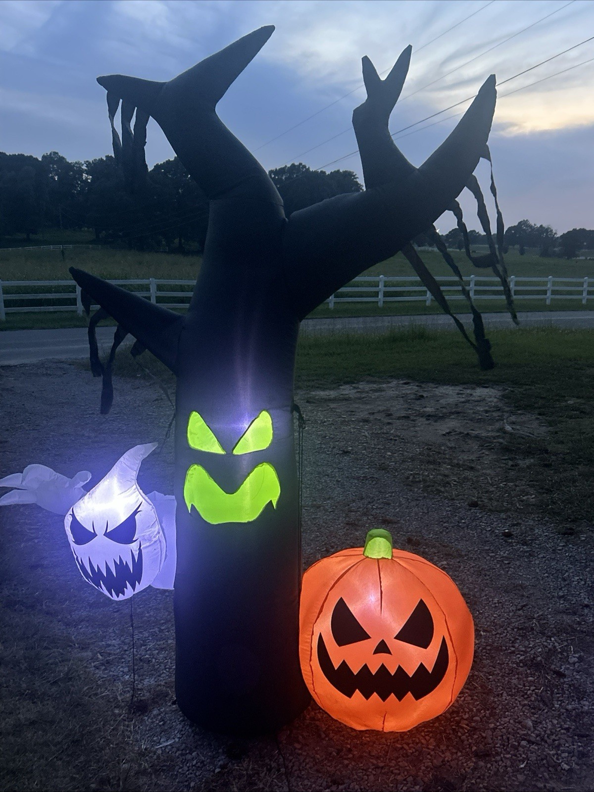 7ft Black Gemmy Airblown Halloween Tree w/Ghost & Jack-O-Lantern Scene Pumpkin