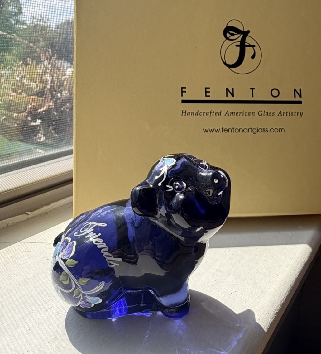 Fenton Hand Painted Blue Floral Glass Cat Figurine Signed \