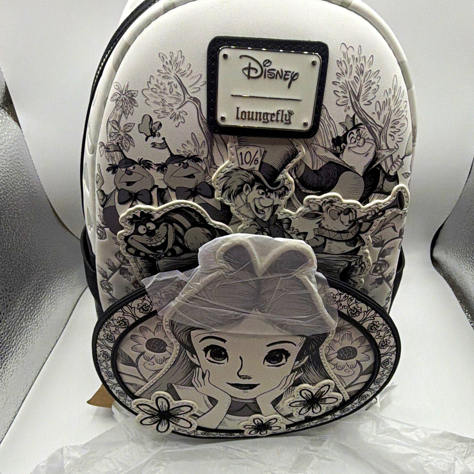 Loungefly Disney Alice in Wonderland Sketch Tonal Mini Backpack White Black Gray