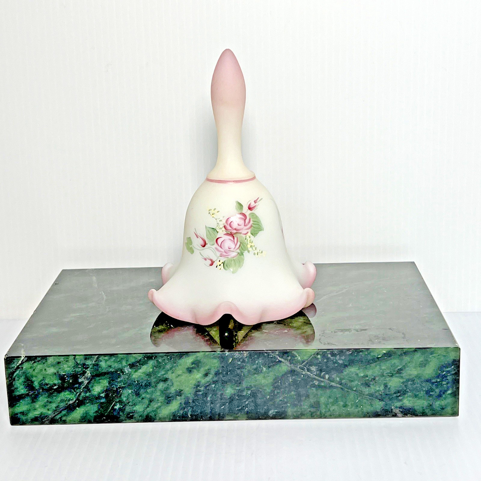 FENTON RUFFLED BELL ROSE GARDEN Hand Painted SATIN GLASS PINK EDGE. Absolutely