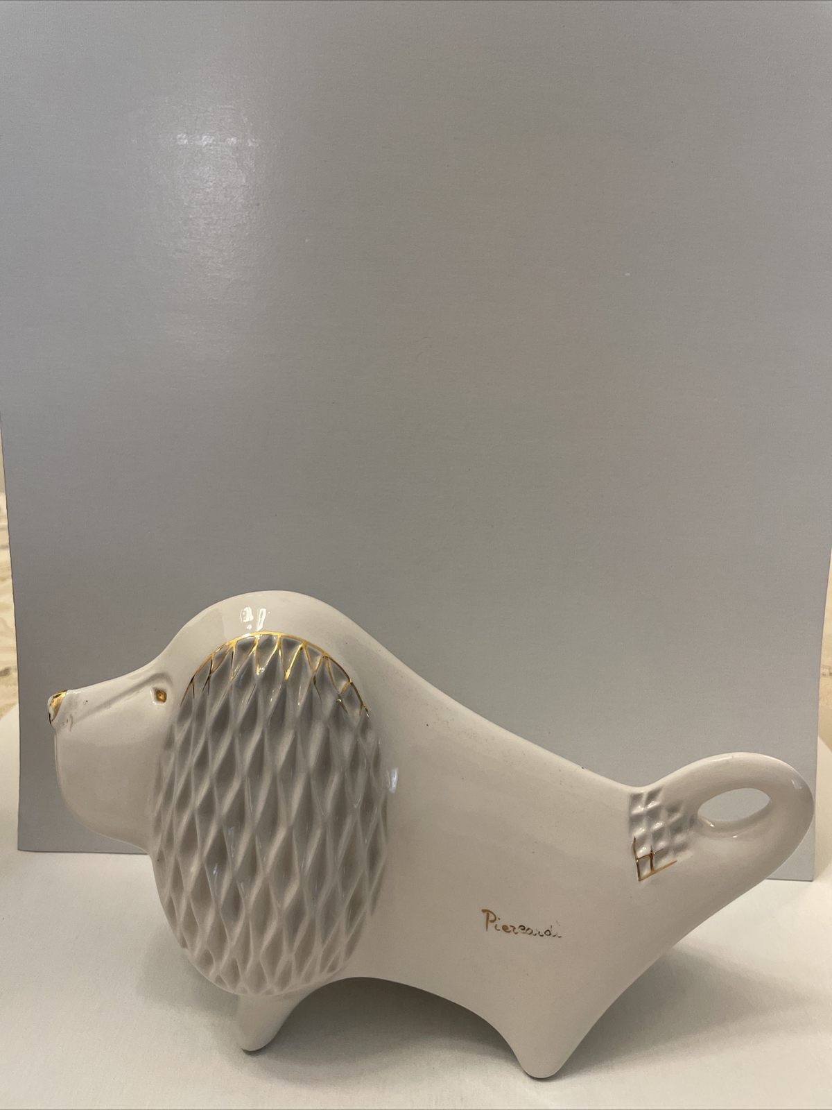 VTG Rare Unique Piercardi Signed White + Gold detail Cute Porcelain Dog