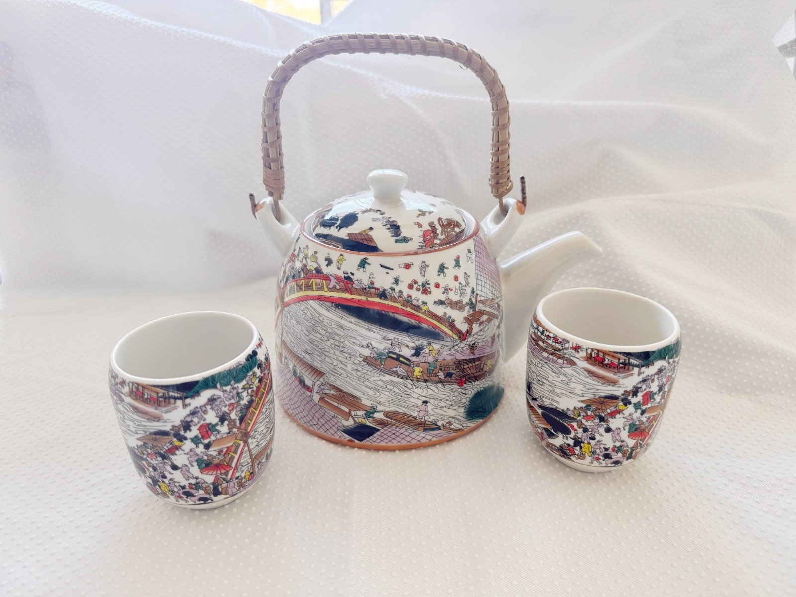 Vintage Chinese Jingdezhen Porcelain Teapot Wicker Handle Qingming River 8\