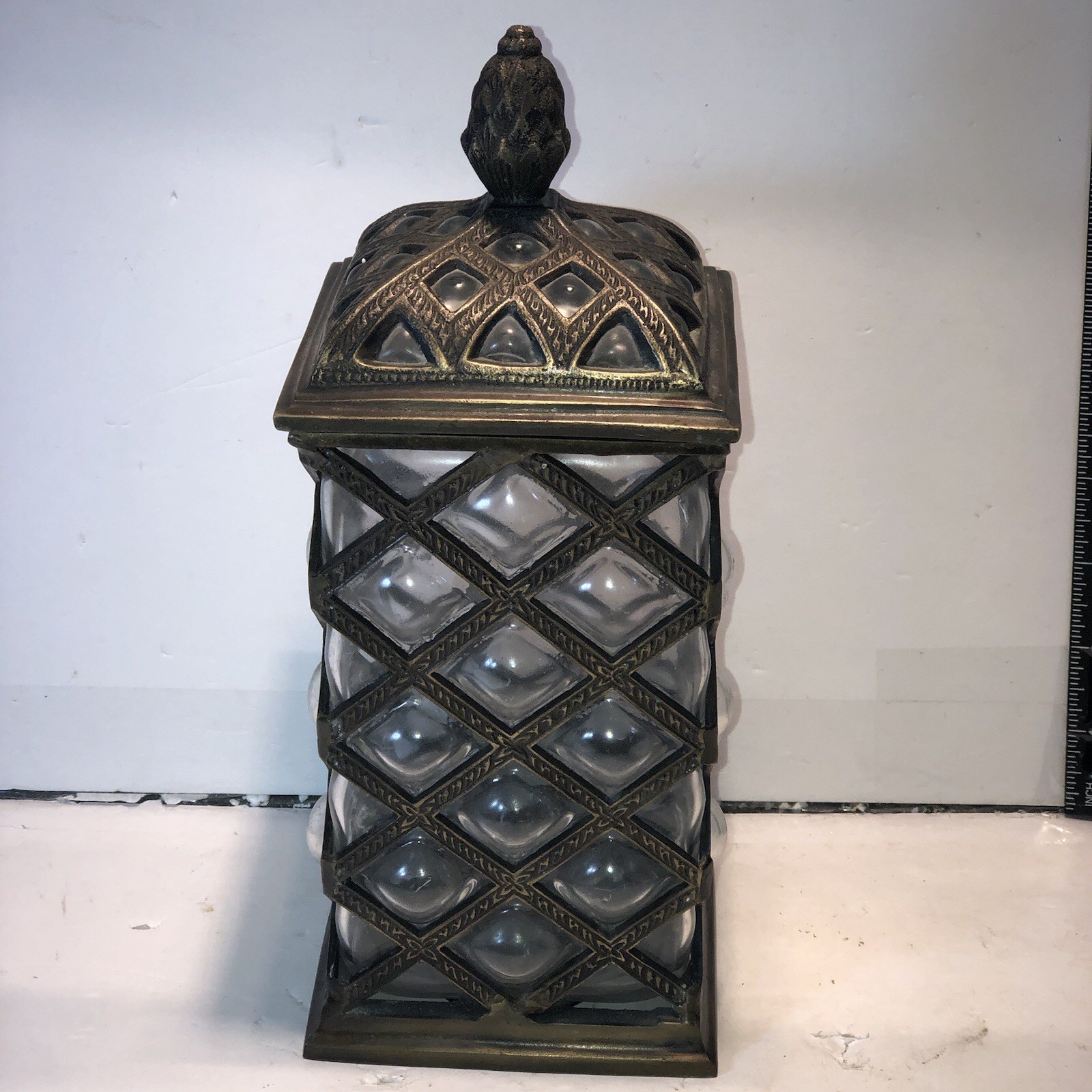 Vintage Lattice Metal Bubble Glass Apothecary Jar India