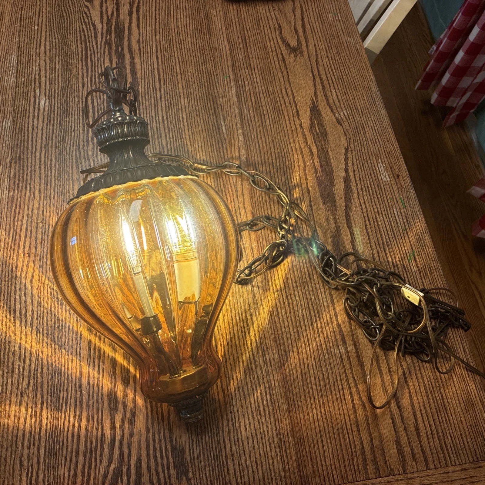 Vintage Amber Globe Swag Lamp, Pendant Lamp, Mid Century Modern, Hang Anywhere