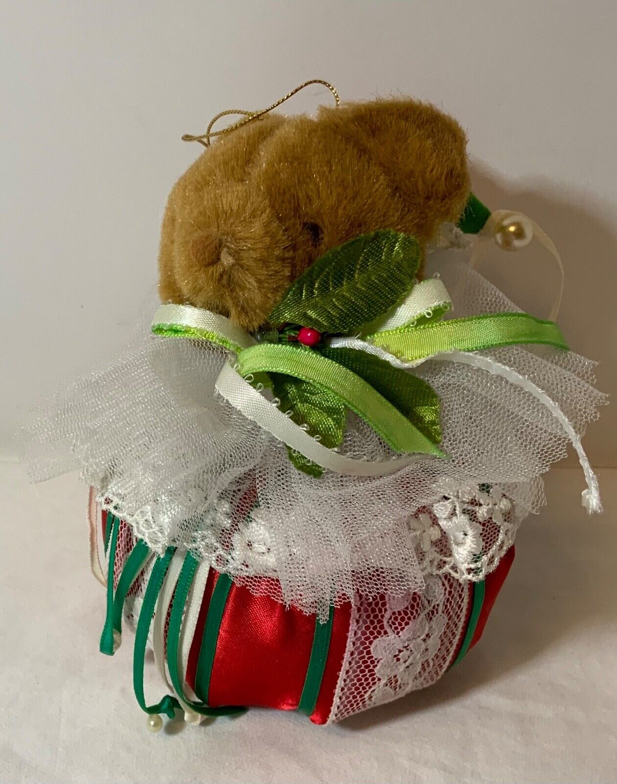 Roly Poly Stuffed Bear Christmas Ornament 5” Tall Fabric Ribbons Lace Hat Pearls