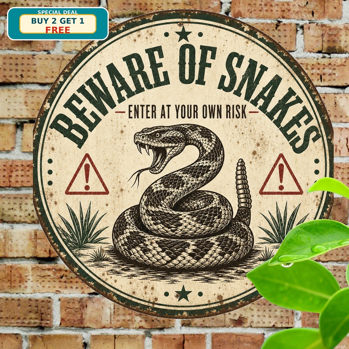 Coiled Rattlesnake Warning Distressed Vintage Round Metal Sign 8x8