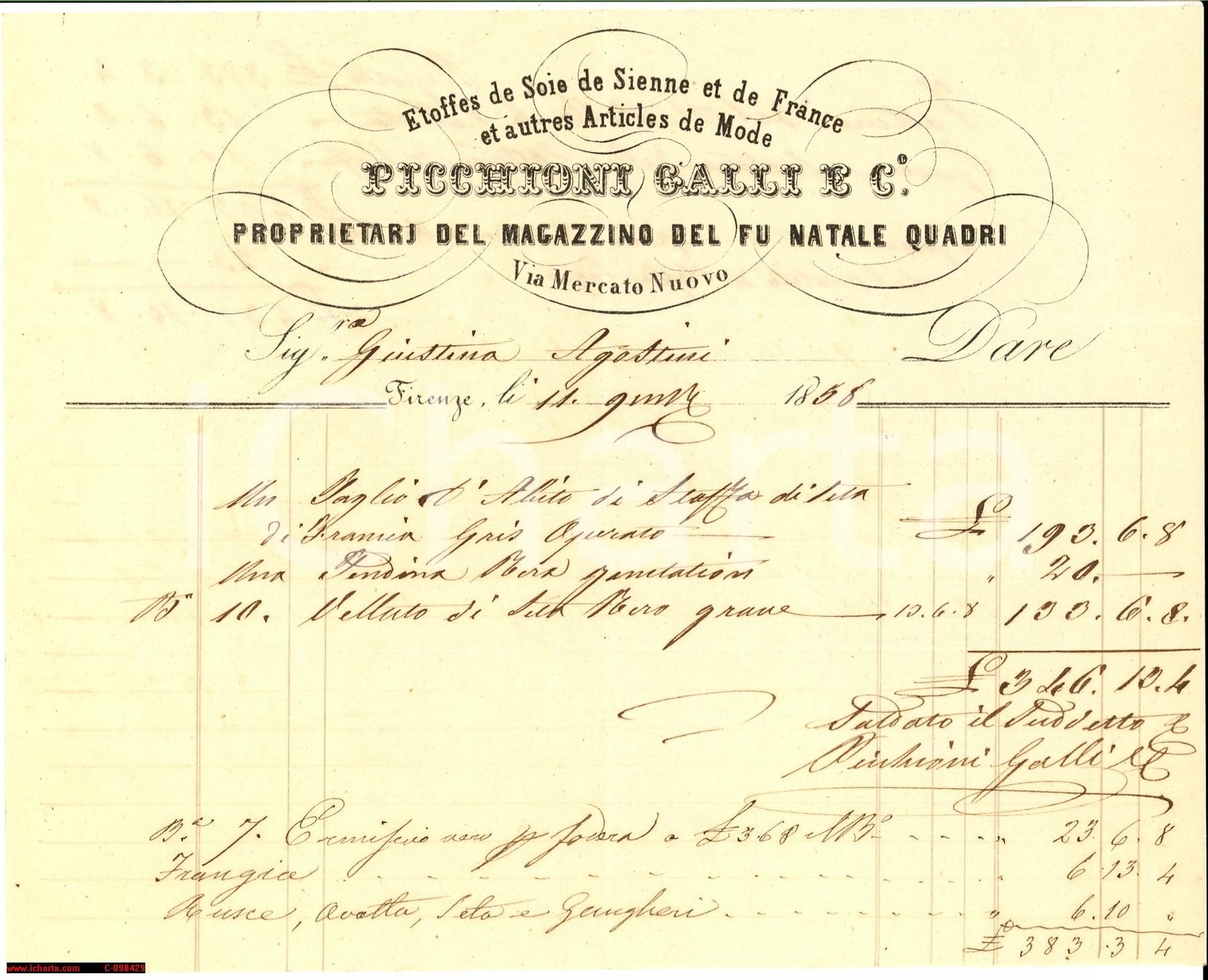 1858 FLORENCE Sete di Siena and France PICCHIONI ROOSTERS * Invoice 1858 FLORENCE Sete di Siena and France PICCHIONI ROOSTERS * Invoice