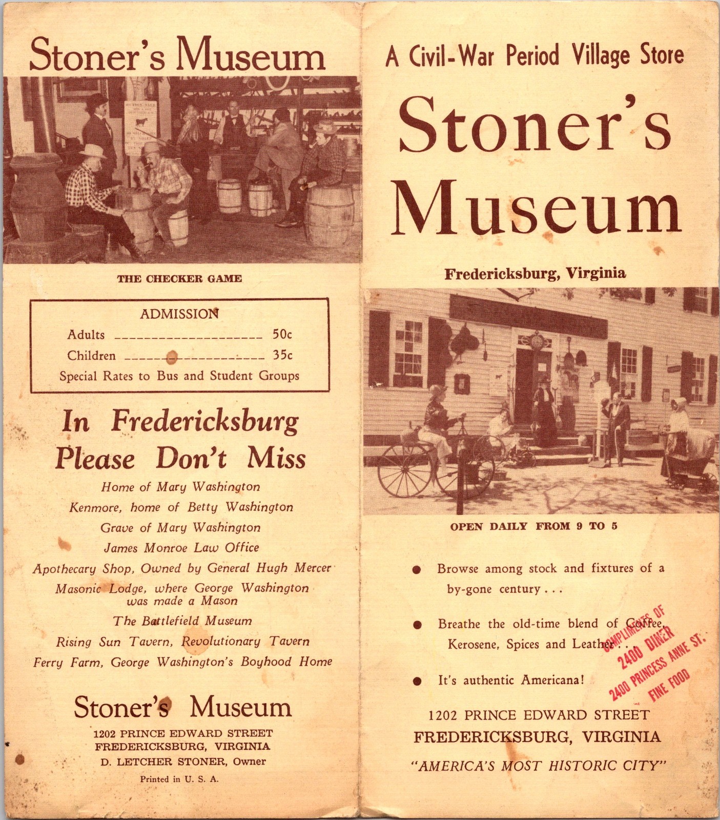 Stoner\'s Museum Fredericksburg VA Vintage Travel Leaflet TL6