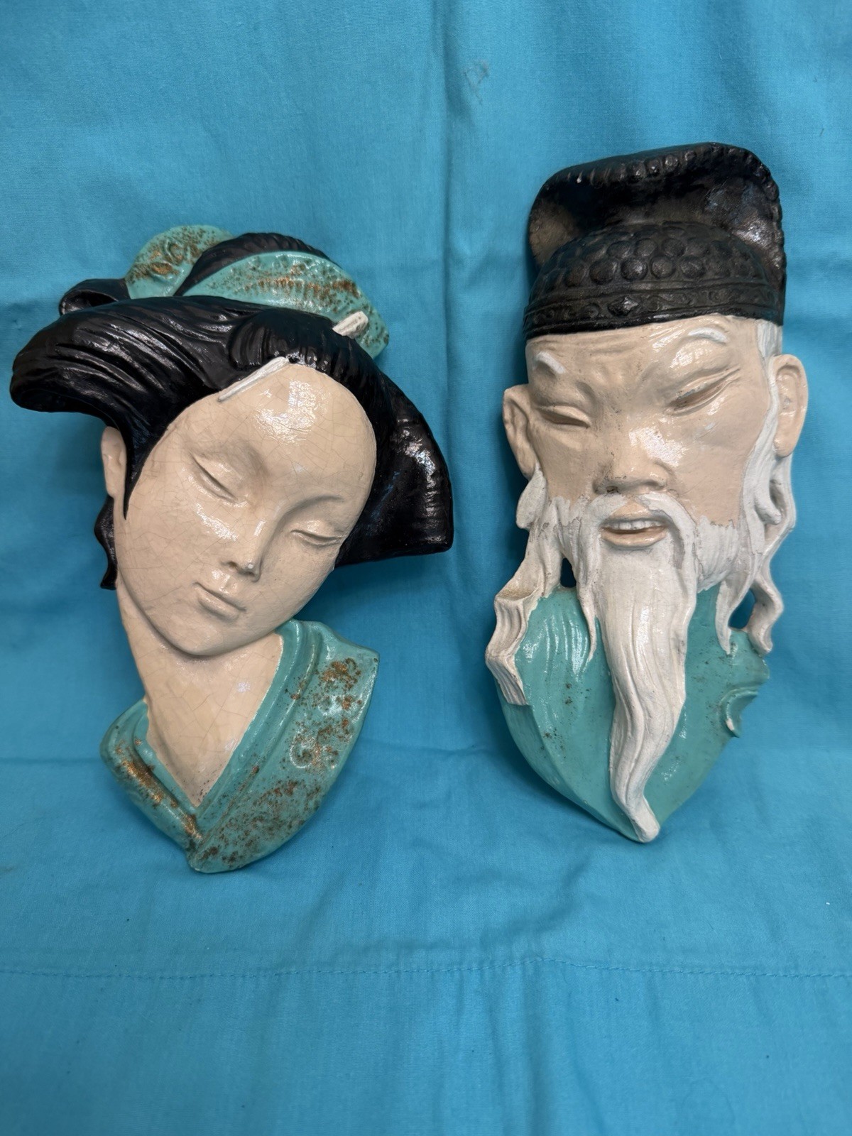 Vintage Chalkware Wall Plaques Chinese Asian Man Woman Head-1981