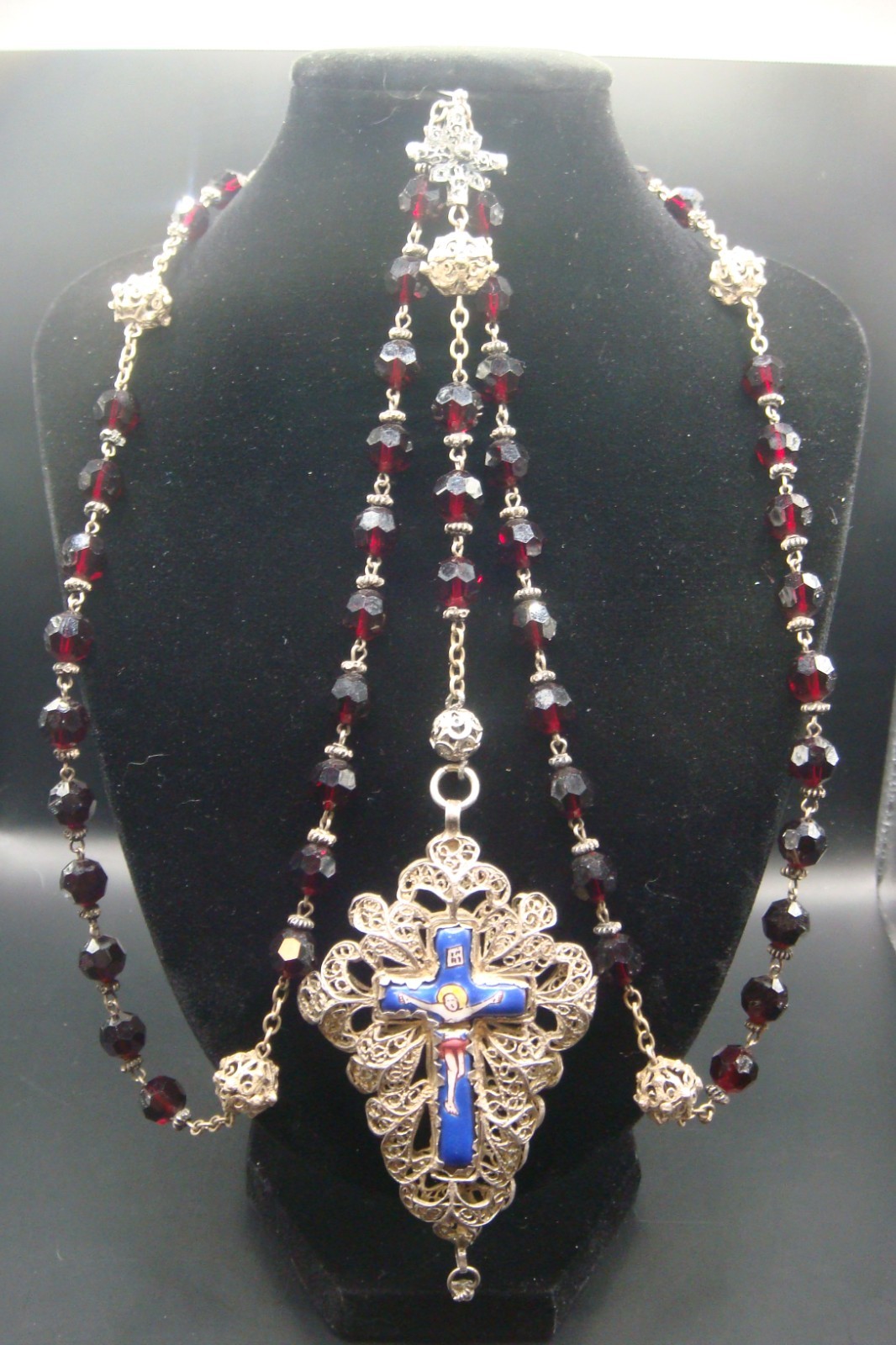 Top Rare Antique Bavarian  Beautiful Filigree Cross  - Garnet Beads - Rosary