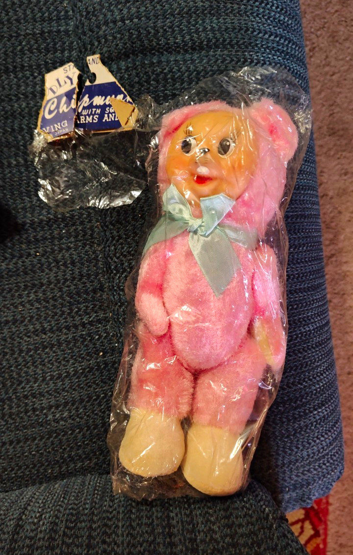 vintage Rushton pink rubber face plush chipmunk doll w moving arms and legs