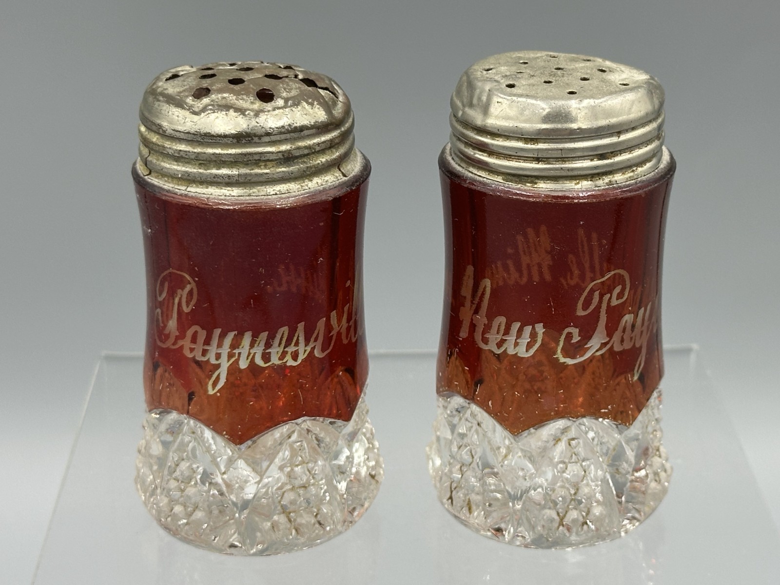c 1900 NEW PAYNESVILLE MINNESOTA Ruby Flashed Glass S&P Shakers Souvenir