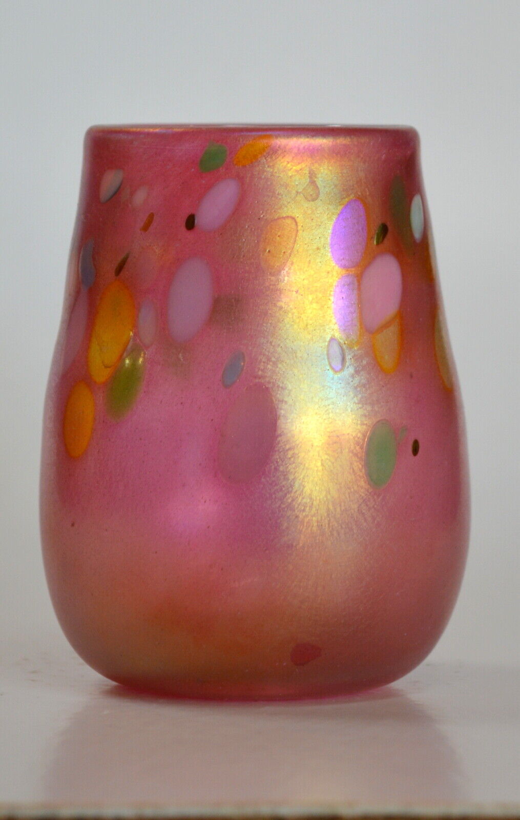 Pink Luster Drinking Glass With Multicolor Spot Design. Blown Glass