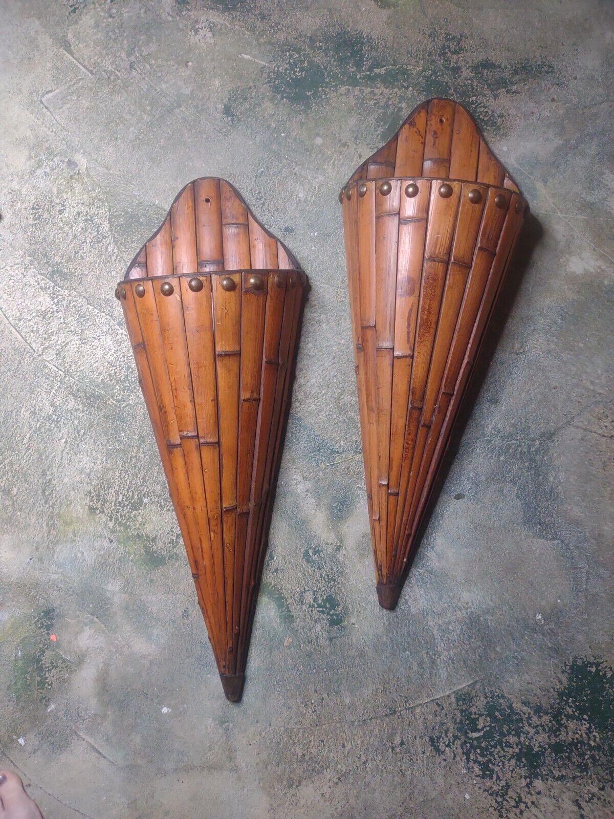 Vintage MCM Large Burnt Scorch Bamboo Wall Pocket Vase Sconce - a Pair