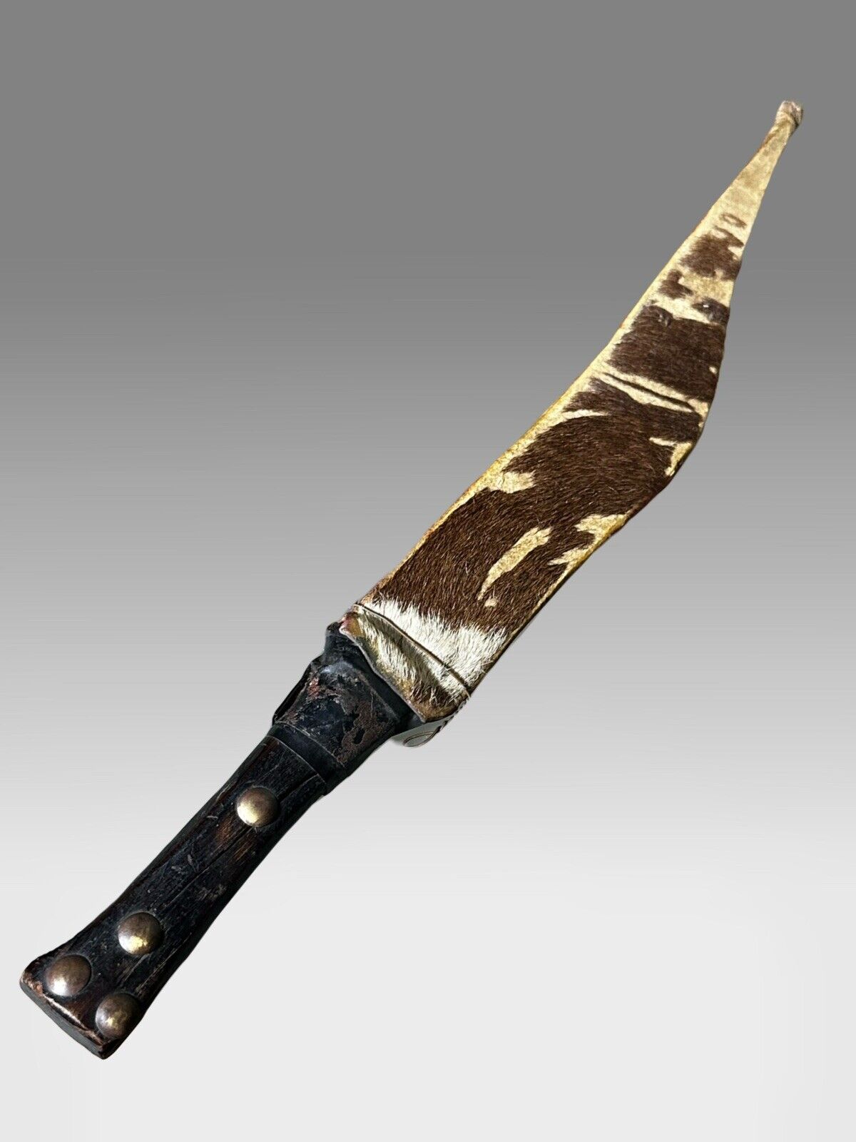 African Ethnic Tribal Dagger w/ leather and animal fur sheath, wood handle