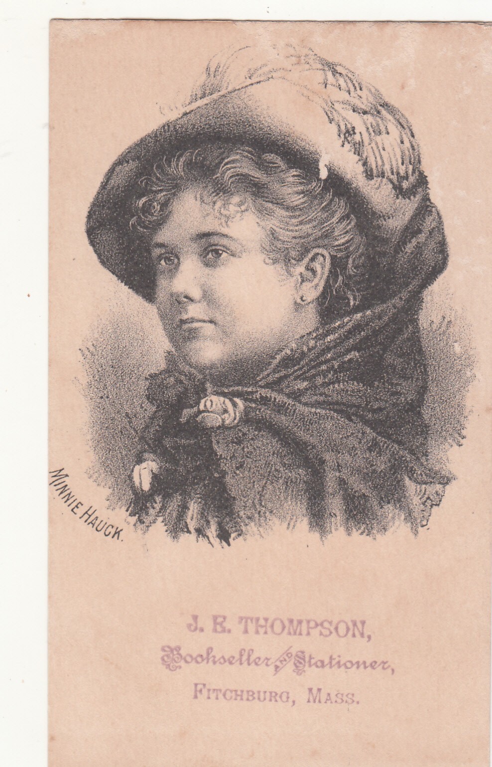 J R Thompson Bookseller Stationer  Fitchburg MA MINNIE HAUCK Vict Card c1880s