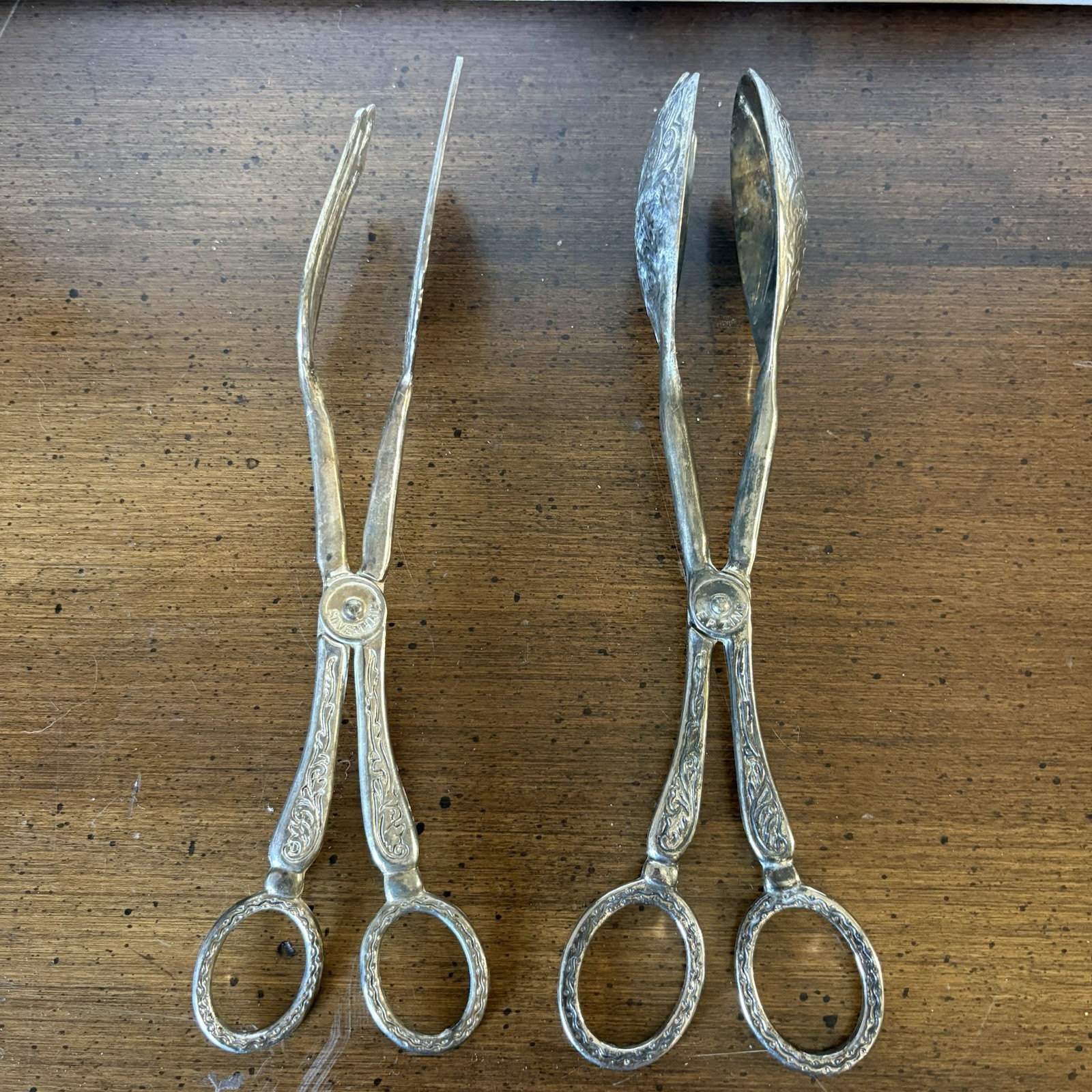 Ornate Silverplate And EP Zinc Serving Scissor Tongs 2 Salad Pastry Buffet VTG