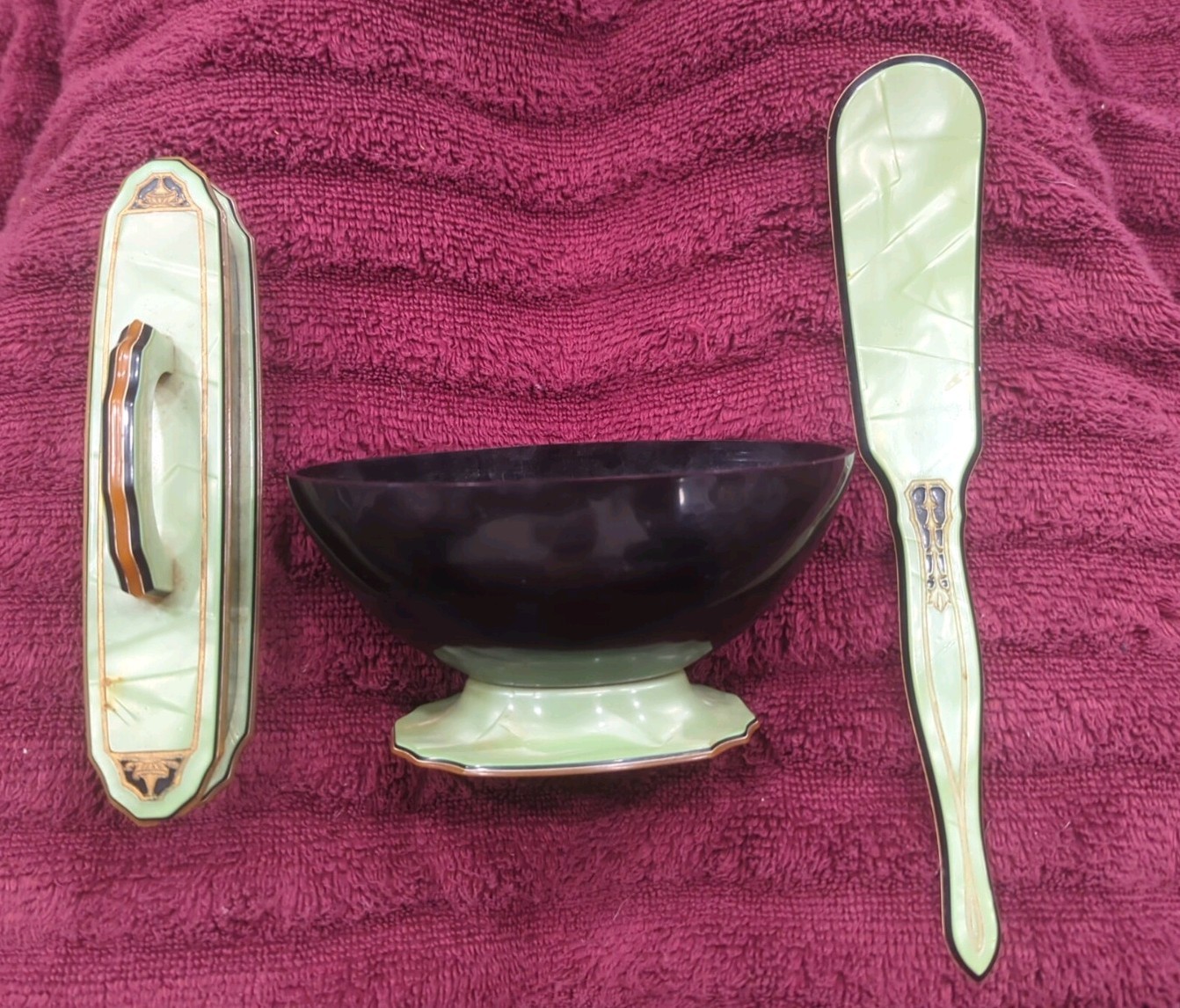 Vintage Pyralin Sheraton Green Three Piece Vanity Set 