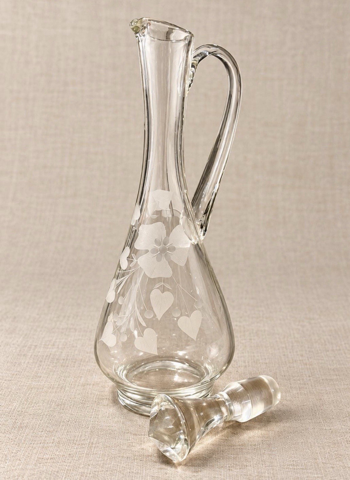 Vintage Romanian Glass Decanter Set with Stopper and 6 Etched Floral Goblets