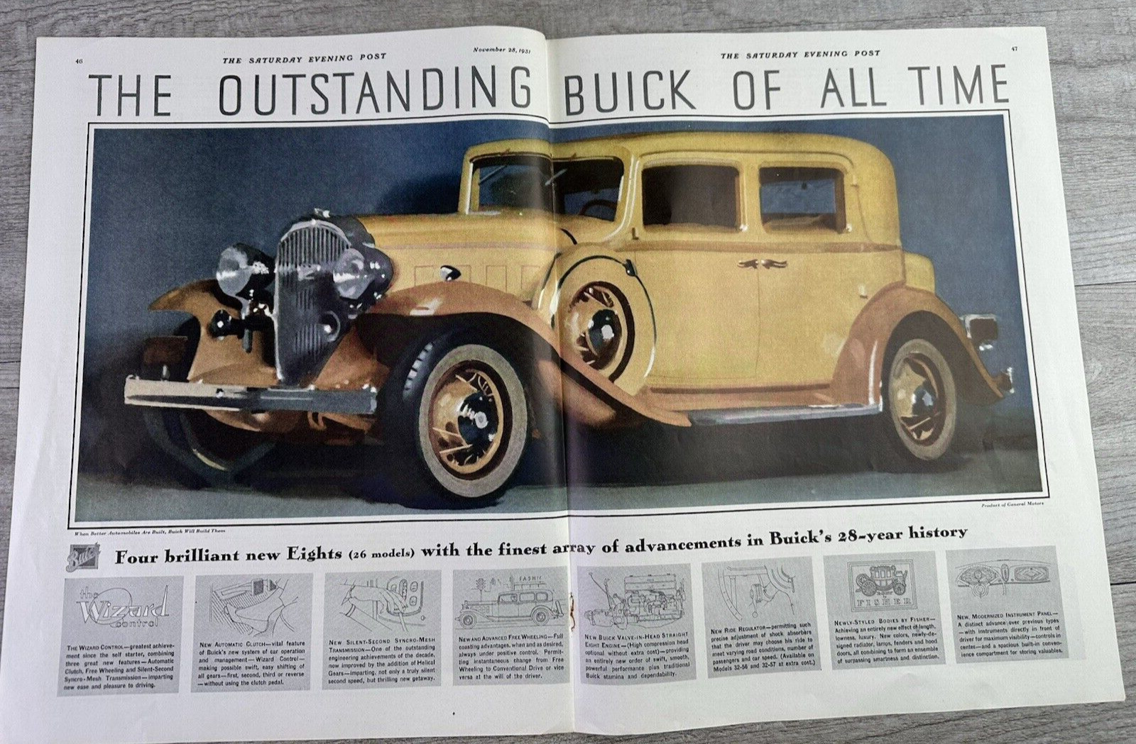 Vtg 1931 Sat Eve Post Art Deco 2 Page Print Ad The Outstanding Buick Of All Time