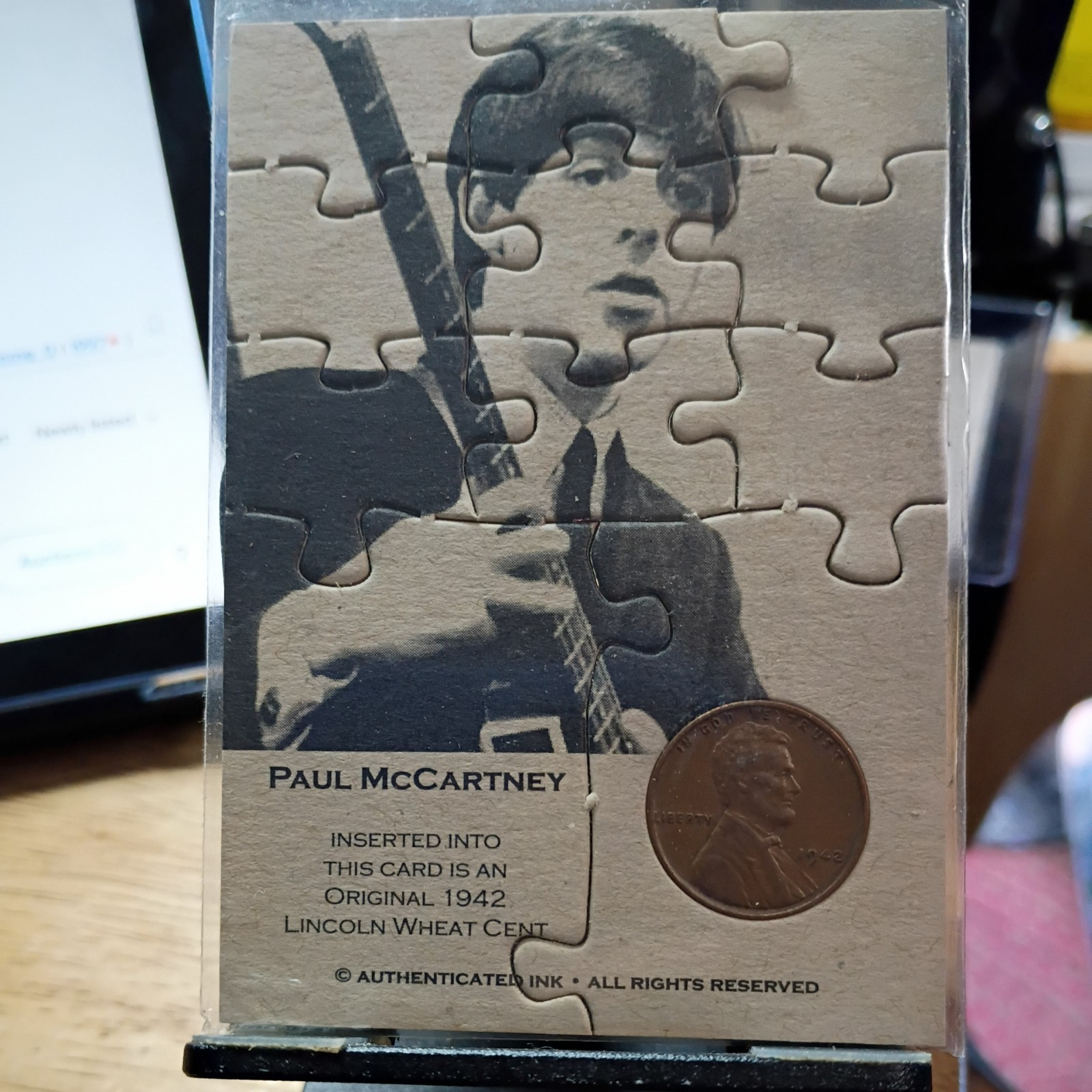 Paul McCartney Authenticated Ink 1942 Lincoln Wheat Penny puzzle card