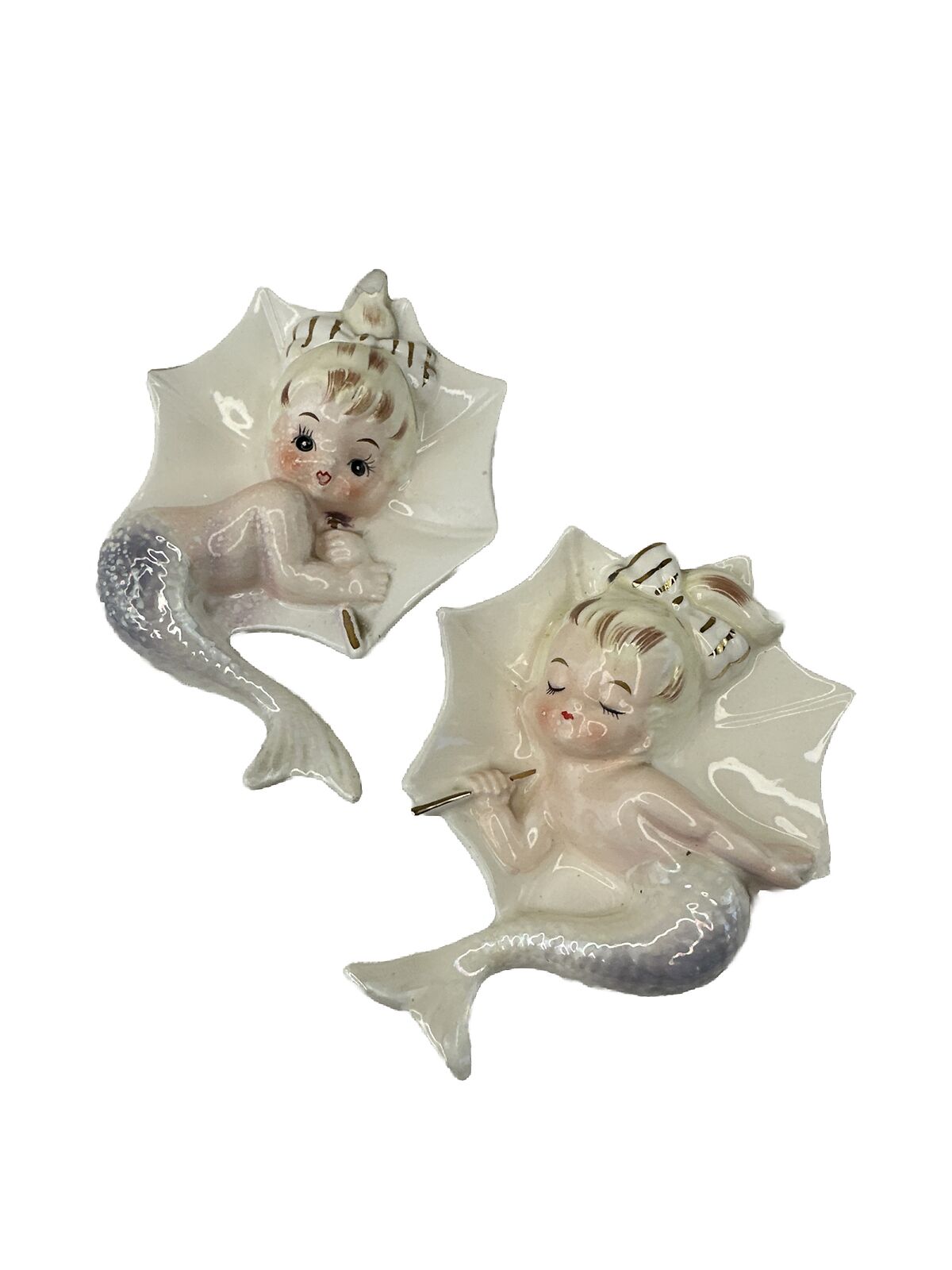 Vintage Enesco  Ceramic Mermaid Unbrella Wall Plaque Figurines Bathroom Fish