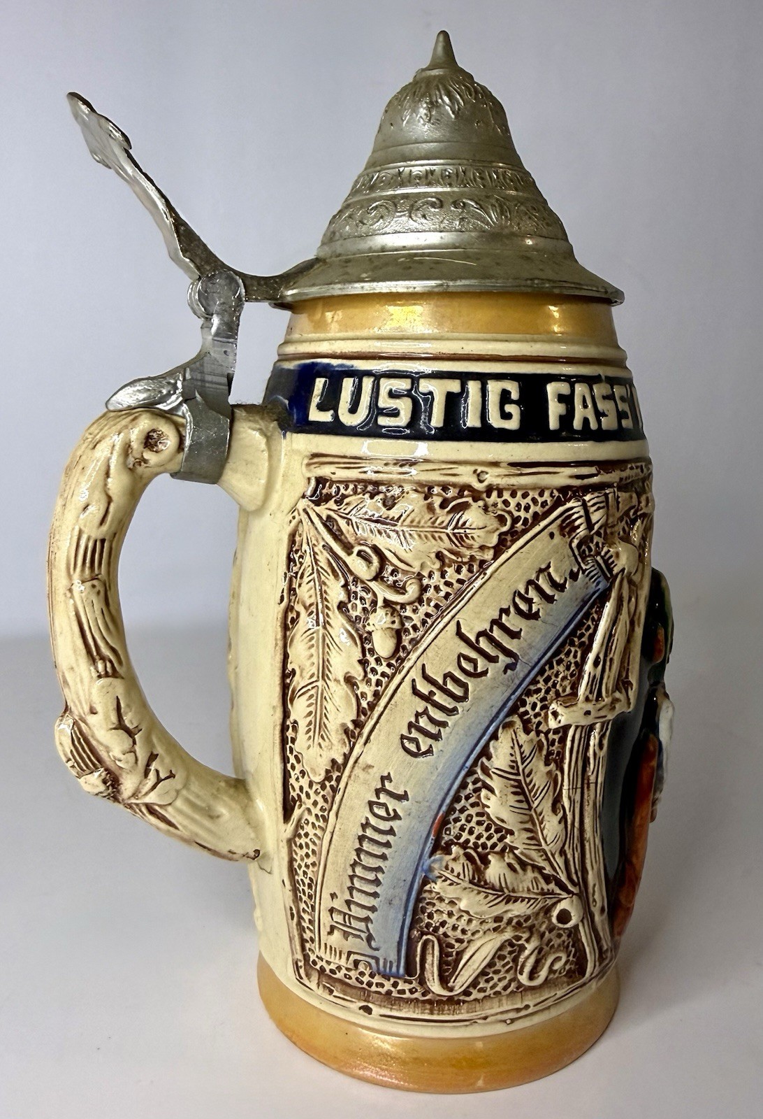 Vintage Original KING German Beer Stein DBGM Metal Lid Lustig Fass Mich 8.5”