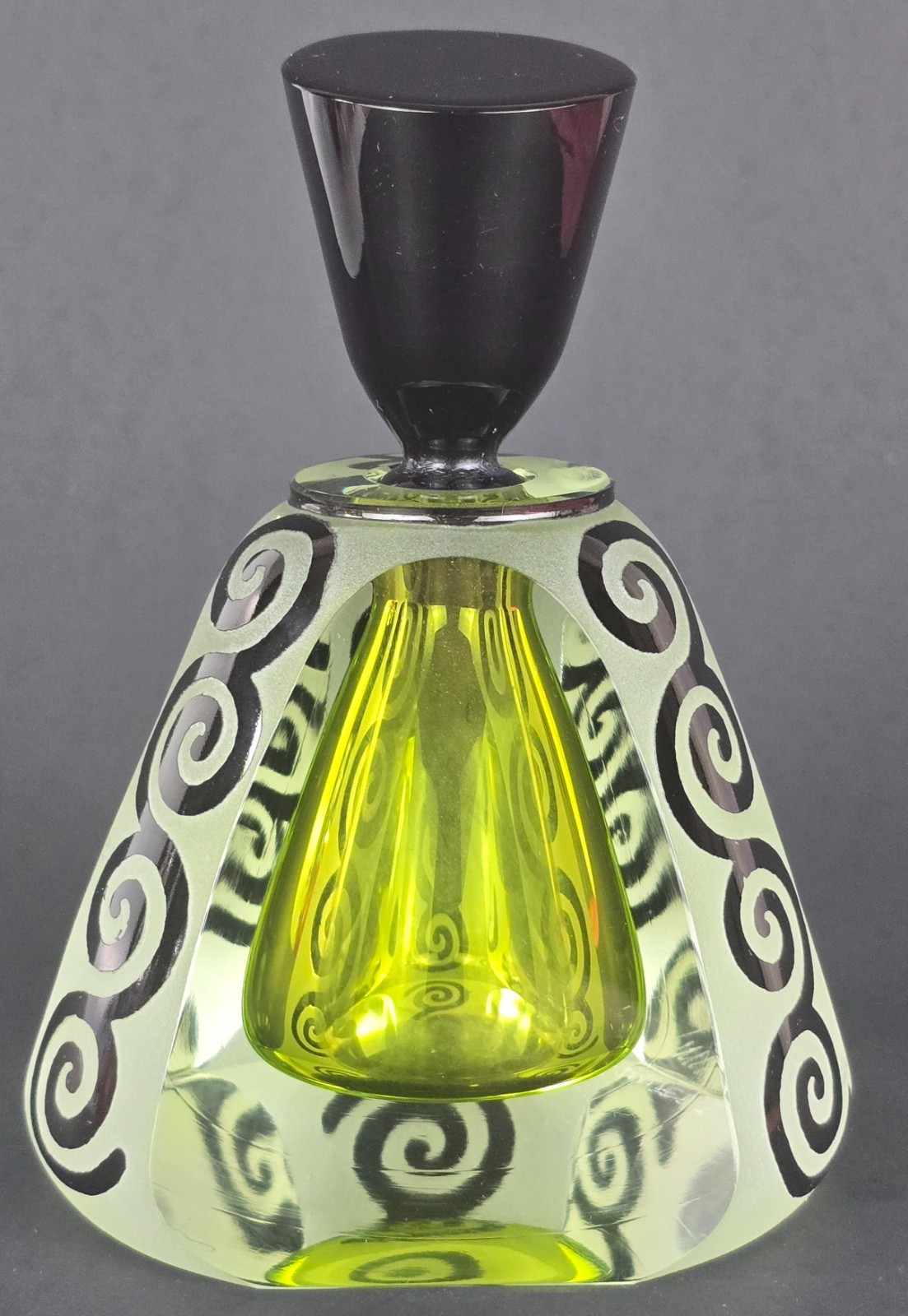 Signed CORREIA Lime Green Sommerso Etched Black Studio Art Glass Perfume Bottle Signed CORREIA Lime Green Sommerso Etched Black Studio Art Glass Perfume Bottle