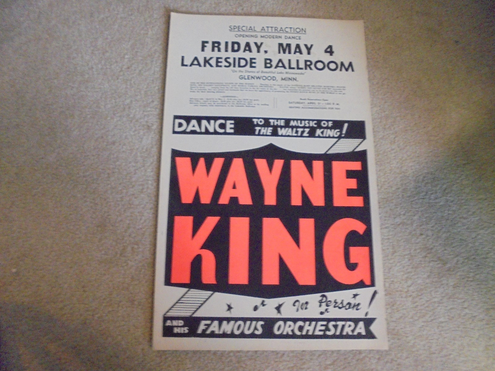 Vintage Wayne King Orchestra Lakeside Ballroom Poster Glenwood, Minnesota MN