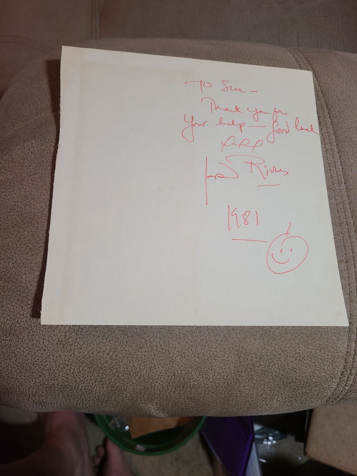 Joan Rivers 1981 Autograph Signed Thank You For Your Help Possibly From A Book