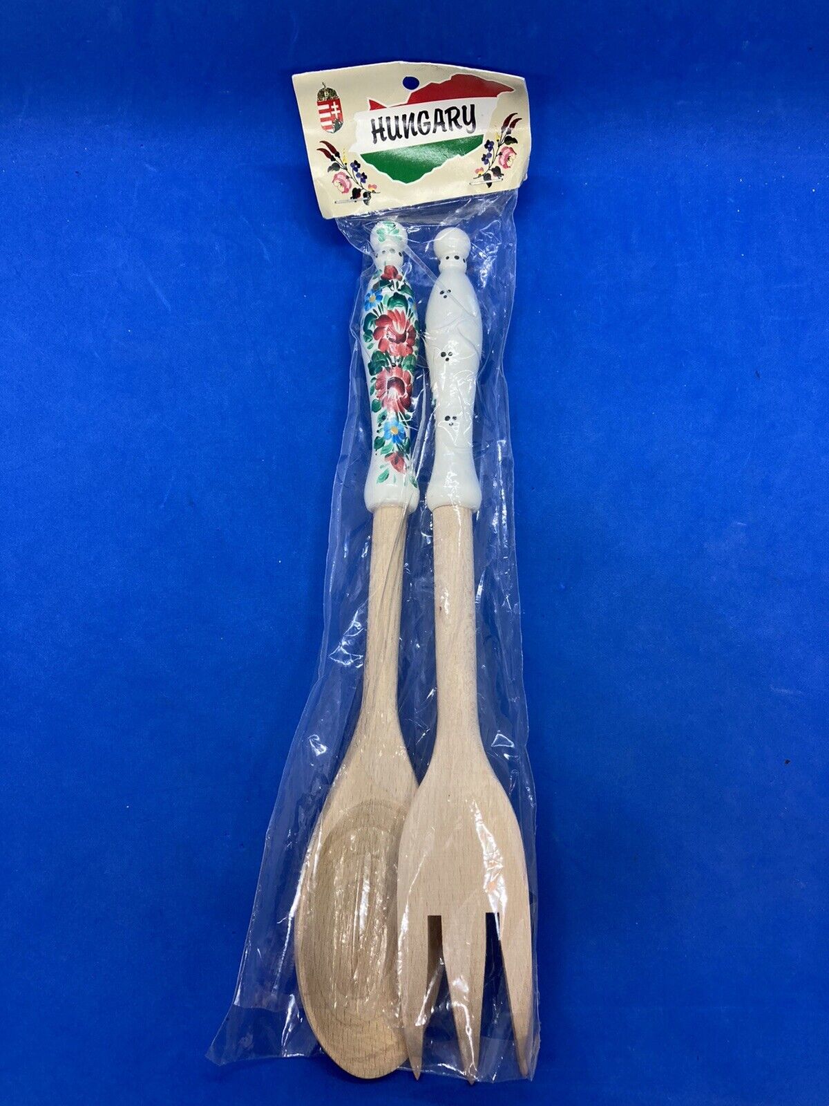 Vintage Wooden Serving Spoon Fork Set Flower Painted Art Handle Hungary  6