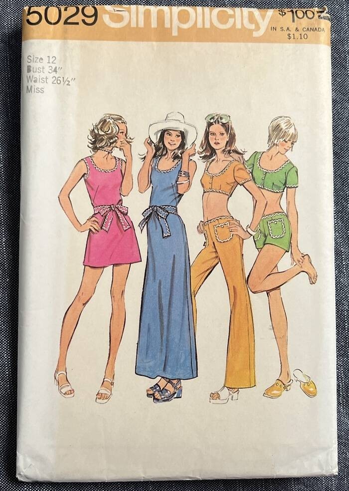 VTG 70s Simplicity Pattern 5029 HIP HUGGERS SHORT SHORTS Mini or Maxi DRESS 12