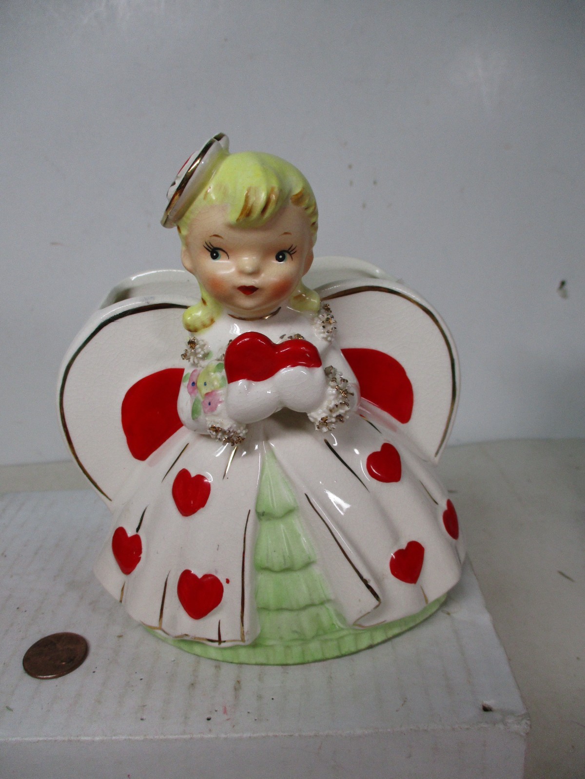 Vintage NEIDCO Valentine's Day Ceramic Girl Heart w Spaghetti Trim Dress