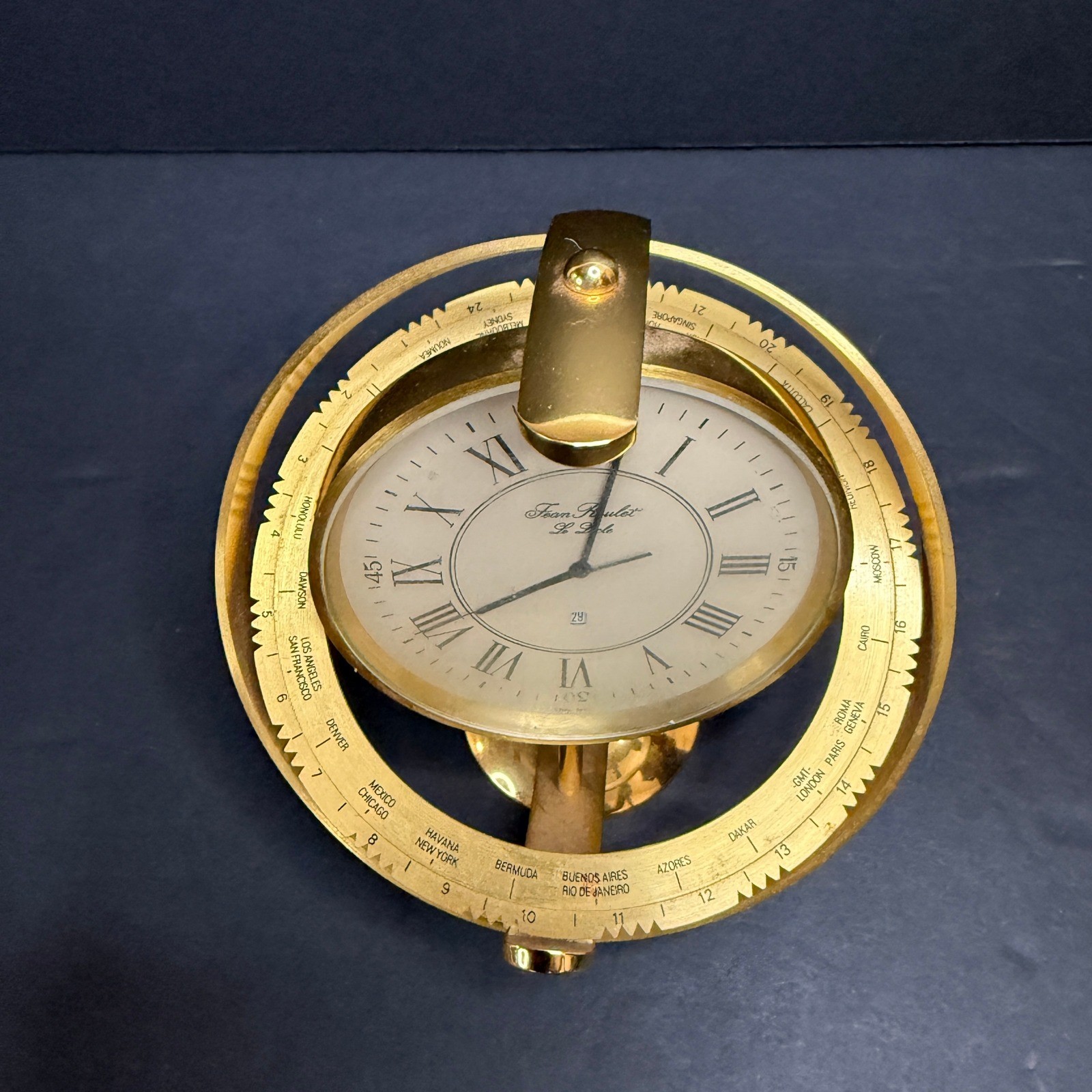 Jean Roulet Le Locle Swiss World Time Gimbal Brass Desk Clock Vtg 604 For Repair