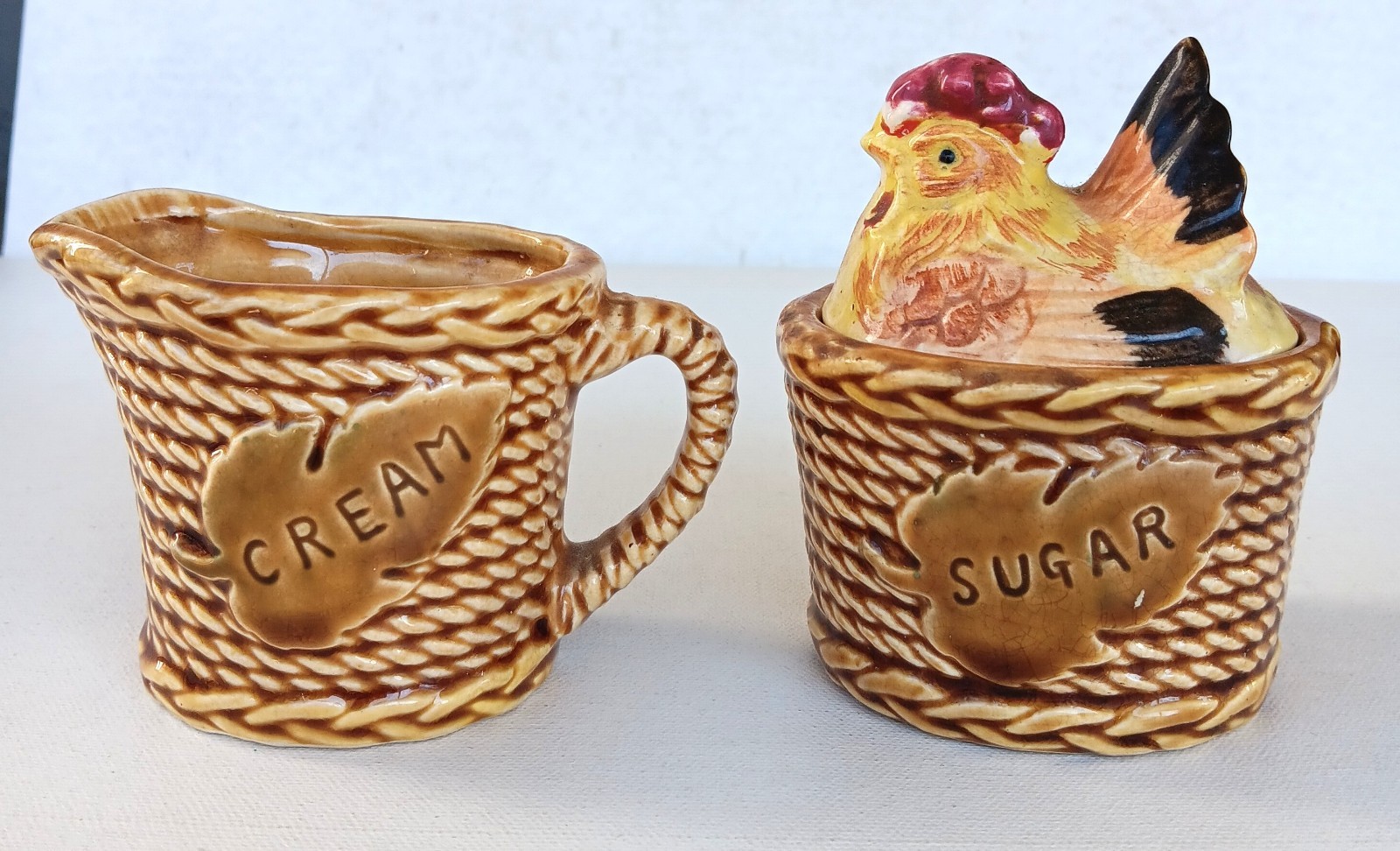 Vintage  Rossini Ceramic Chicken Sugar and Creamer Hen on Nest Basket Weave