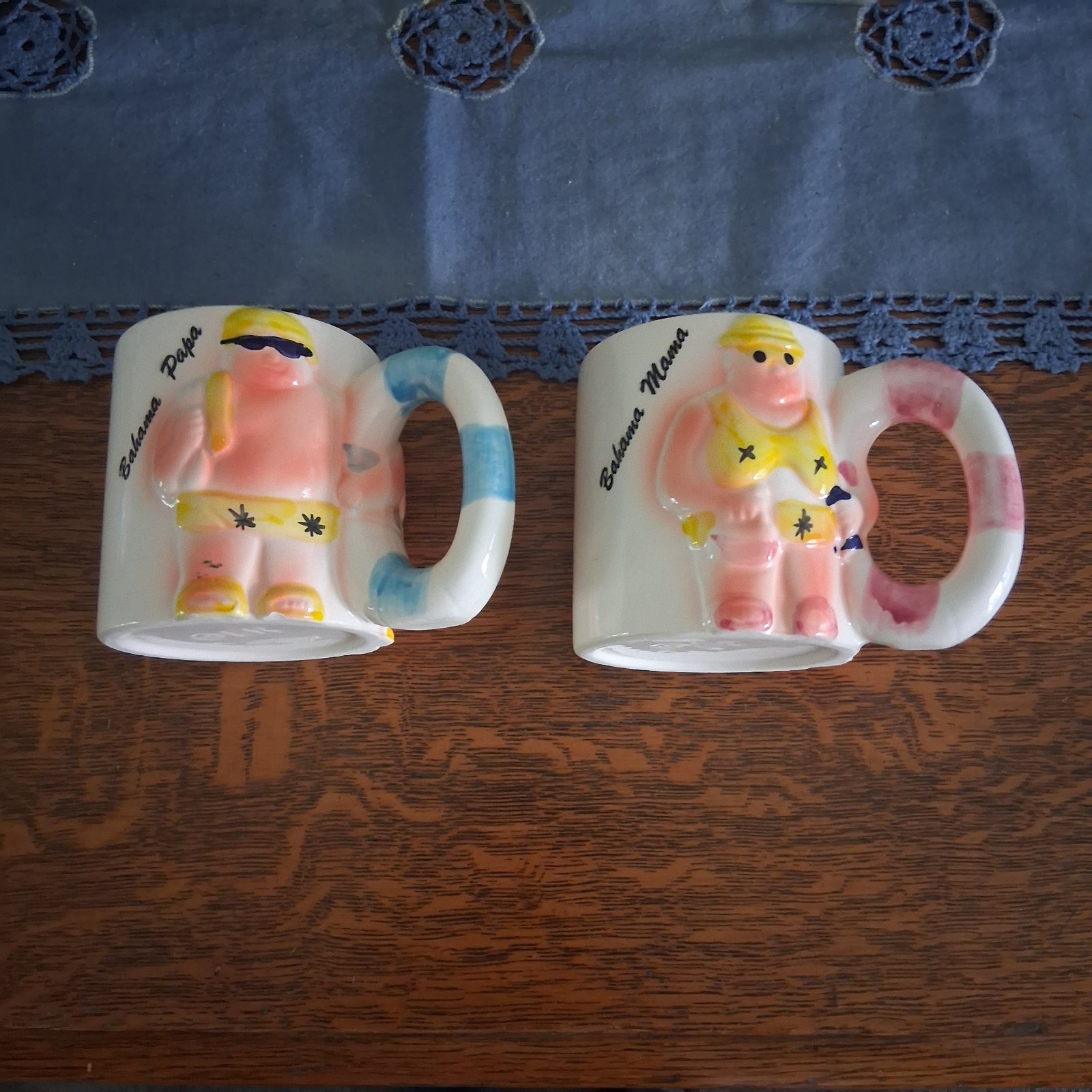 Vintage E&R Bahama Papa & Bahama Mama 3D Mug Set Retro Beach Tiki Bar Ware Mugs