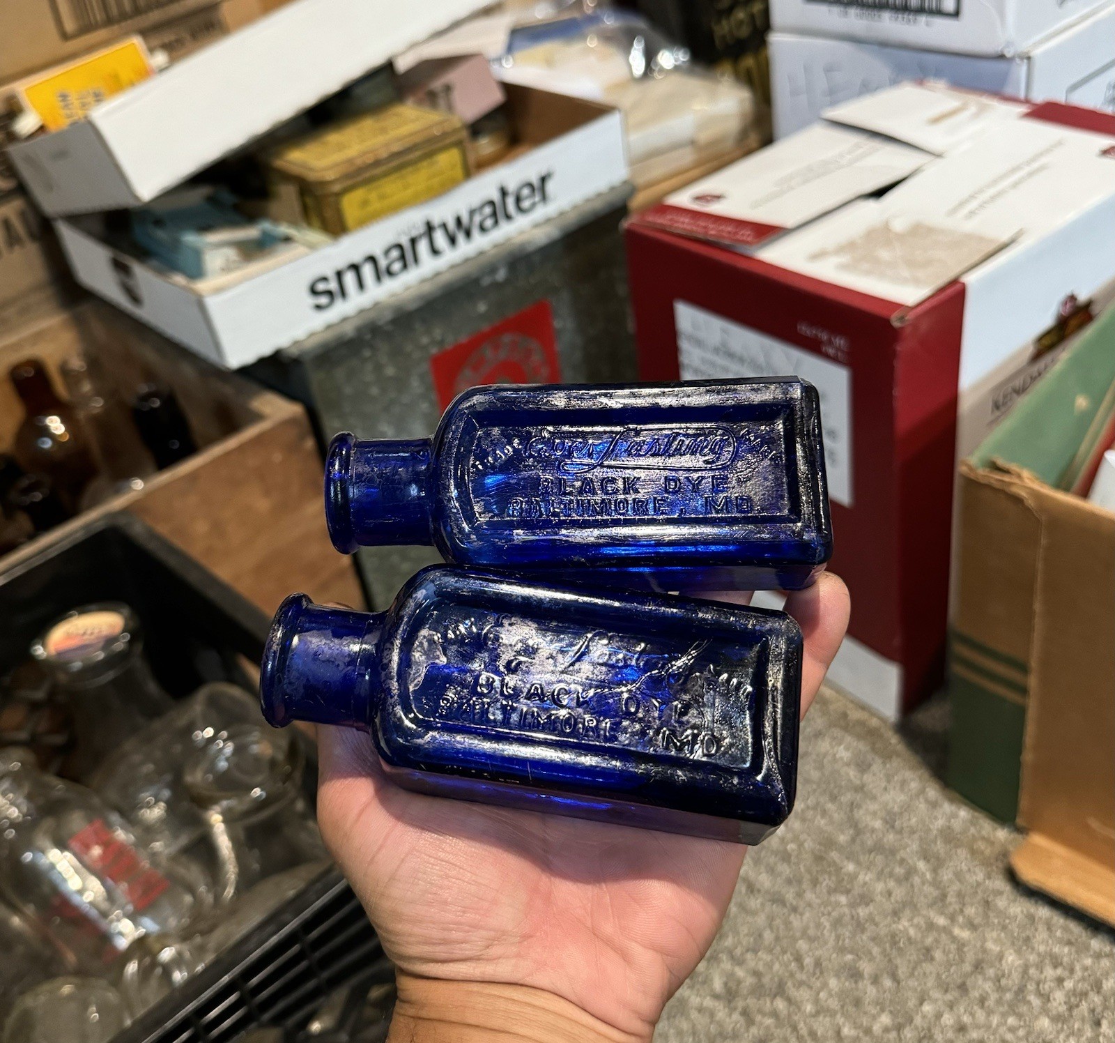 Pair Of Everlasting Black Dye Baltimore MD Emb Cobalt Blue Bottles 1920s Era Old Pair Of Everlasting Black Dye Baltimore MD Emb Cobalt Blue Bottles 1920s Era Old